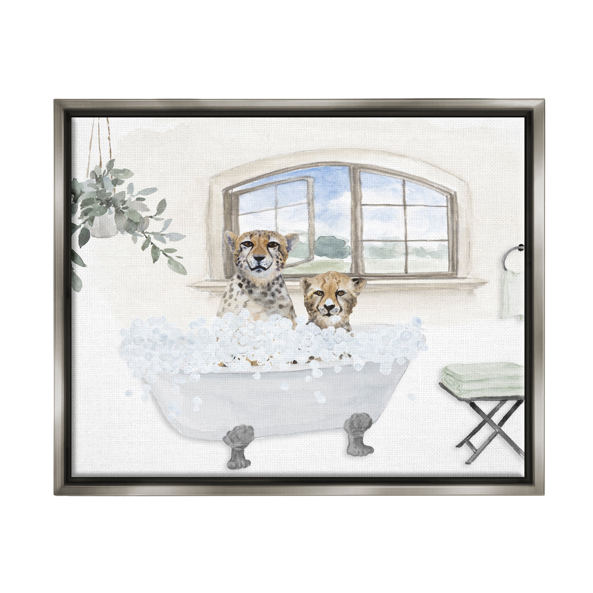 Stupell Cheetah Duo Bathtub Bathroom Scene Animals & Insects Painting Gray Floater Framed Art Print Wall Art