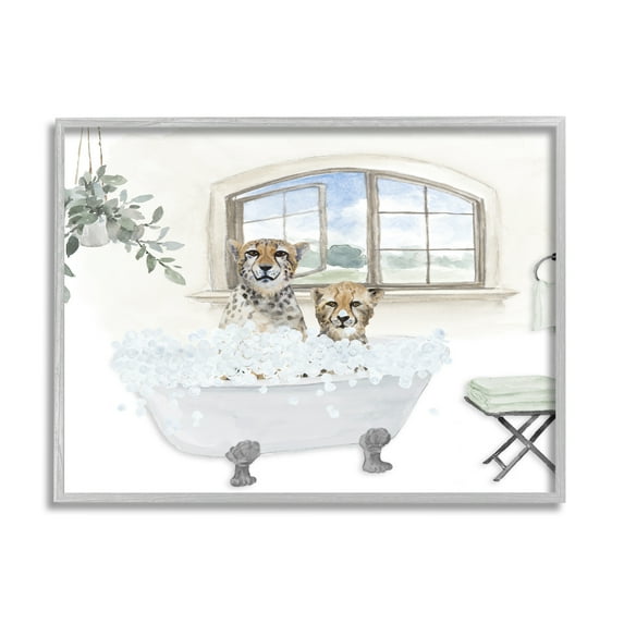Stupell Cheetah Duo Bathtub Bathroom Scene Animals & Insects Painting Gray Framed Art Print Wall Art