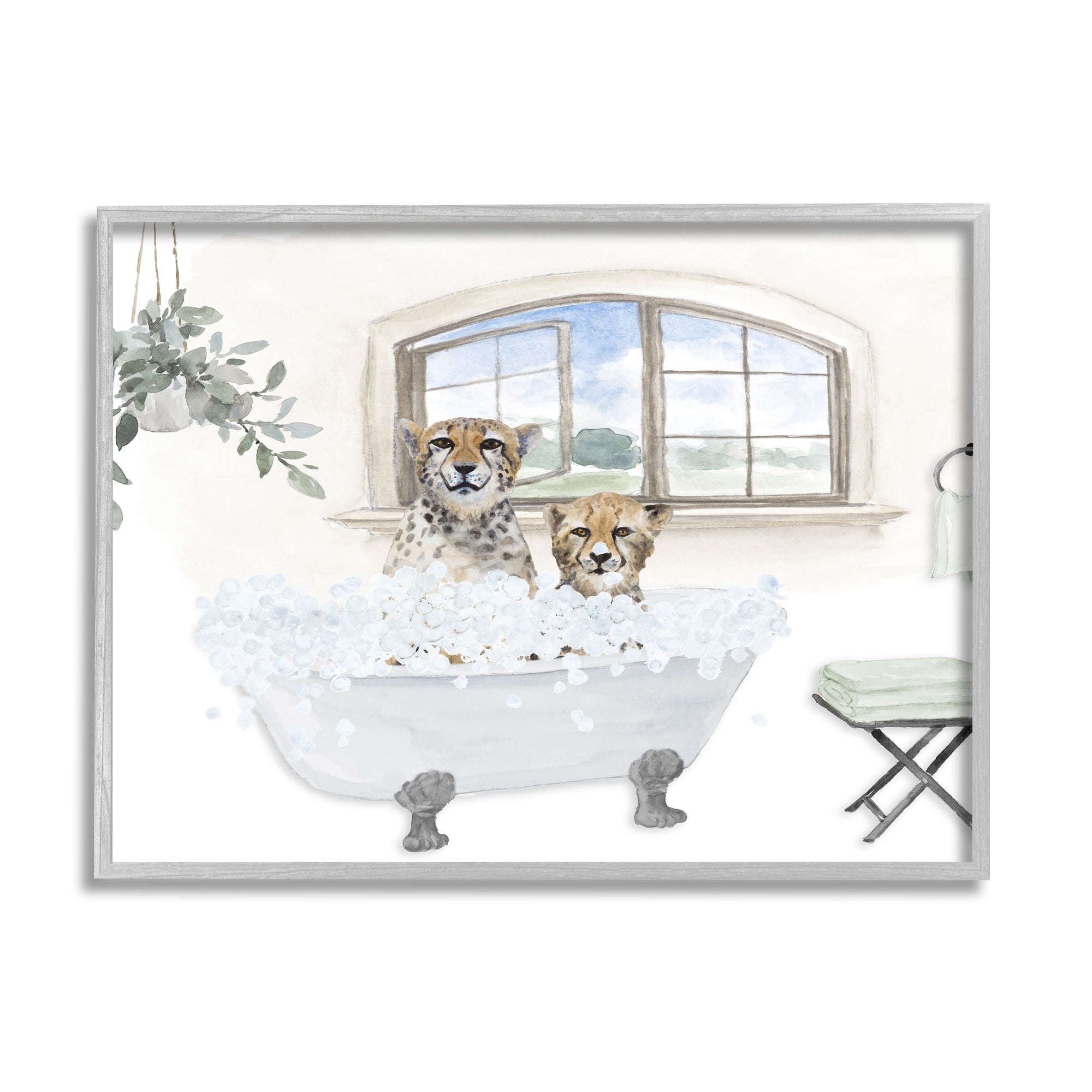 Stupell Cheetah Duo Bathtub Bathroom Scene Animals & Insects Painting Gray Framed Art Print Wall Art