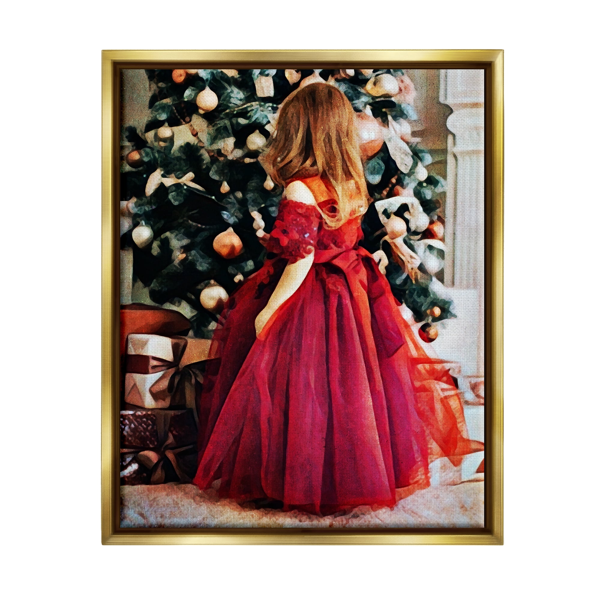 Gold Framed Christmas Child in Red Dress Canvas Art