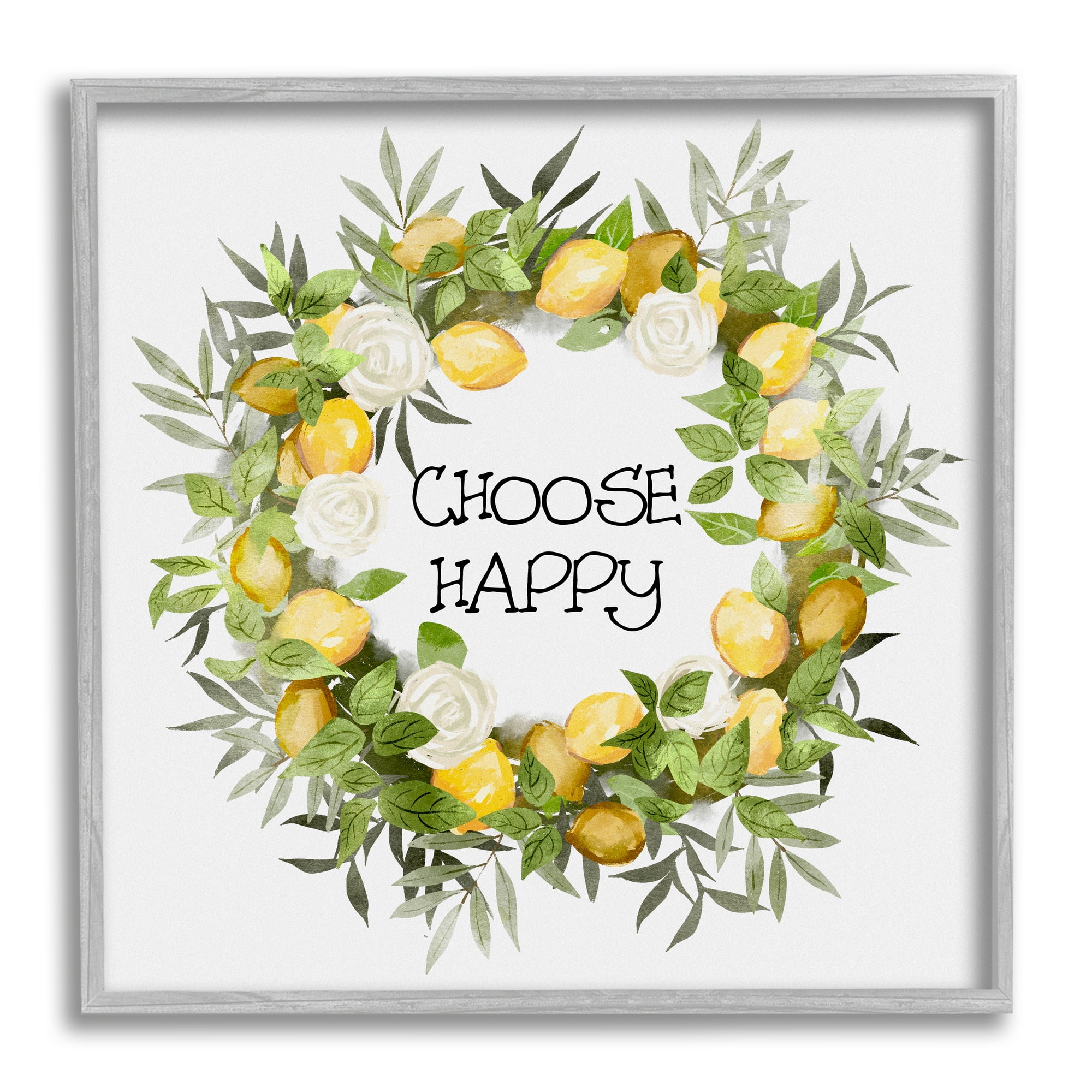 Stupell Choose Happy Lemon Roses Wreath Botanical & Floral Painting Gray Framed Art Print Wall Art