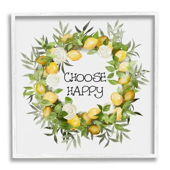 Stupell Choose Happy Lemon Roses Wreath Botanical & Floral Painting White Framed Art Print Wall Art