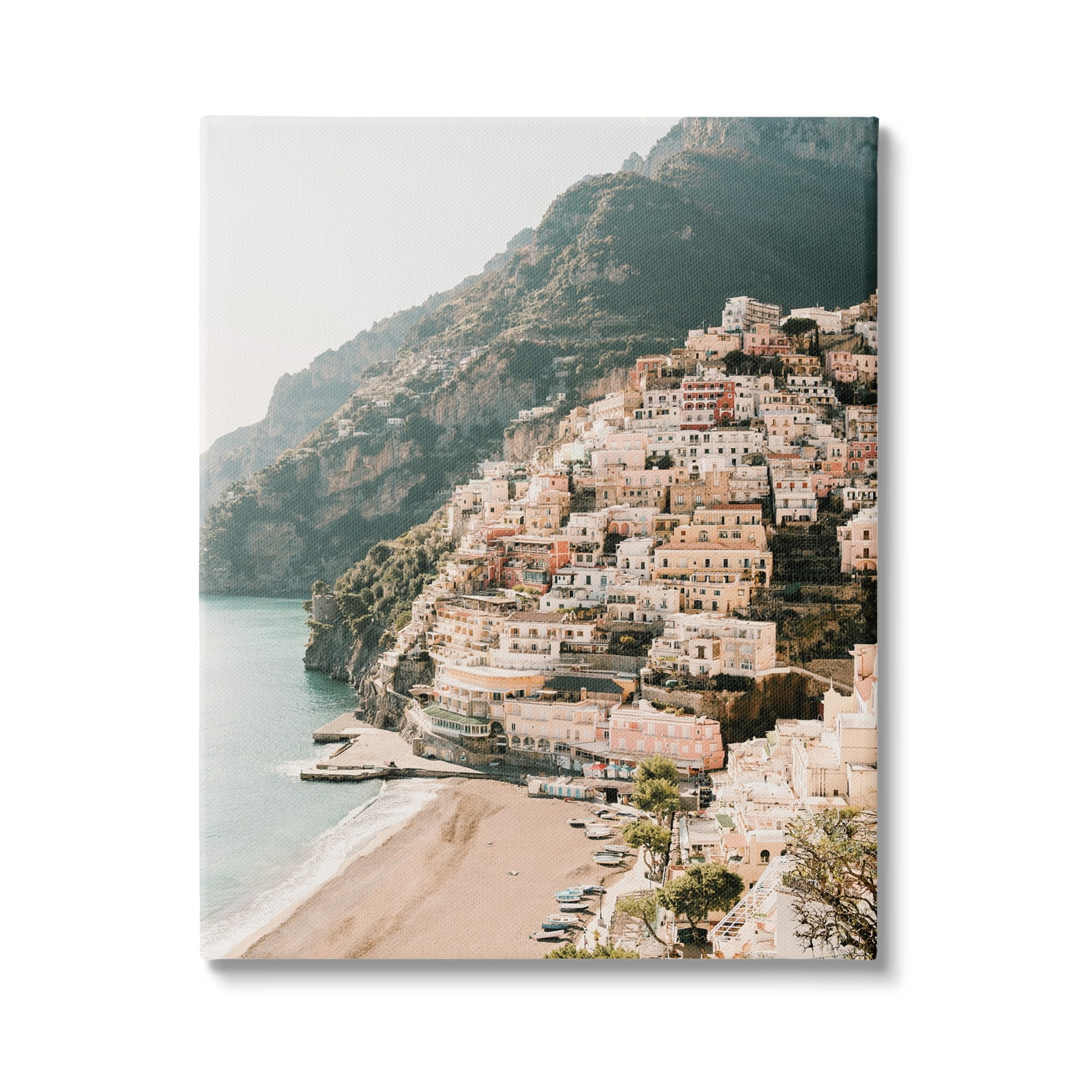 Large Coastal Town Landscape Canvas Print in Beige and Green