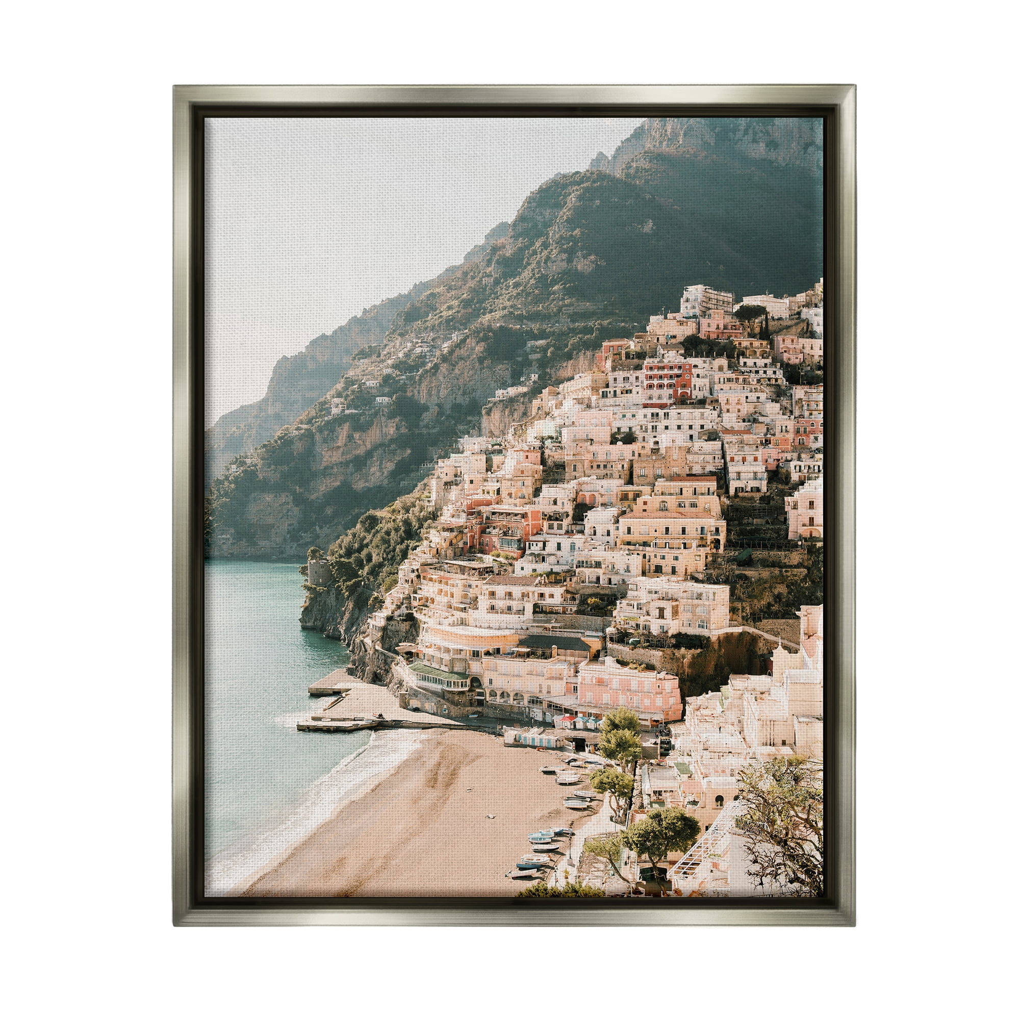 Gray Floater Framed Coastal Town Scenery Canvas Wall Art