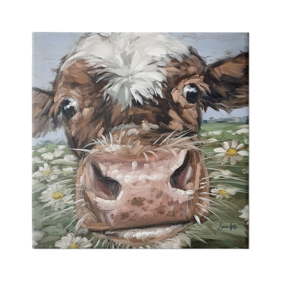 Stupell Close Up Cow Daisy Meadow Painting Animals & Insects Painting Gallery Wrapped Canvas Print Wall Art