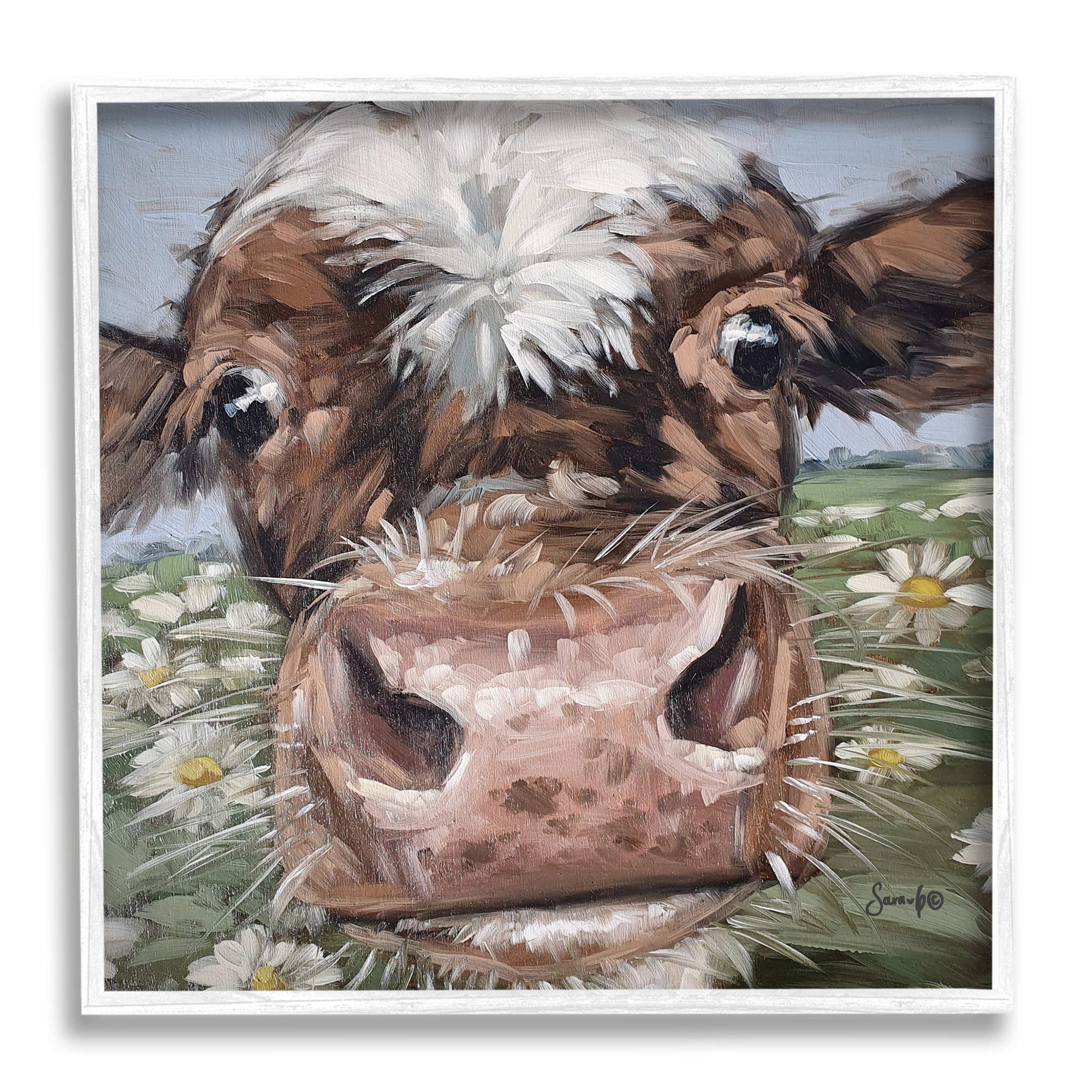 Stupell Close Up Cow Daisy Meadow Painting Animals & Insects Painting White Framed Art Print Wall Art