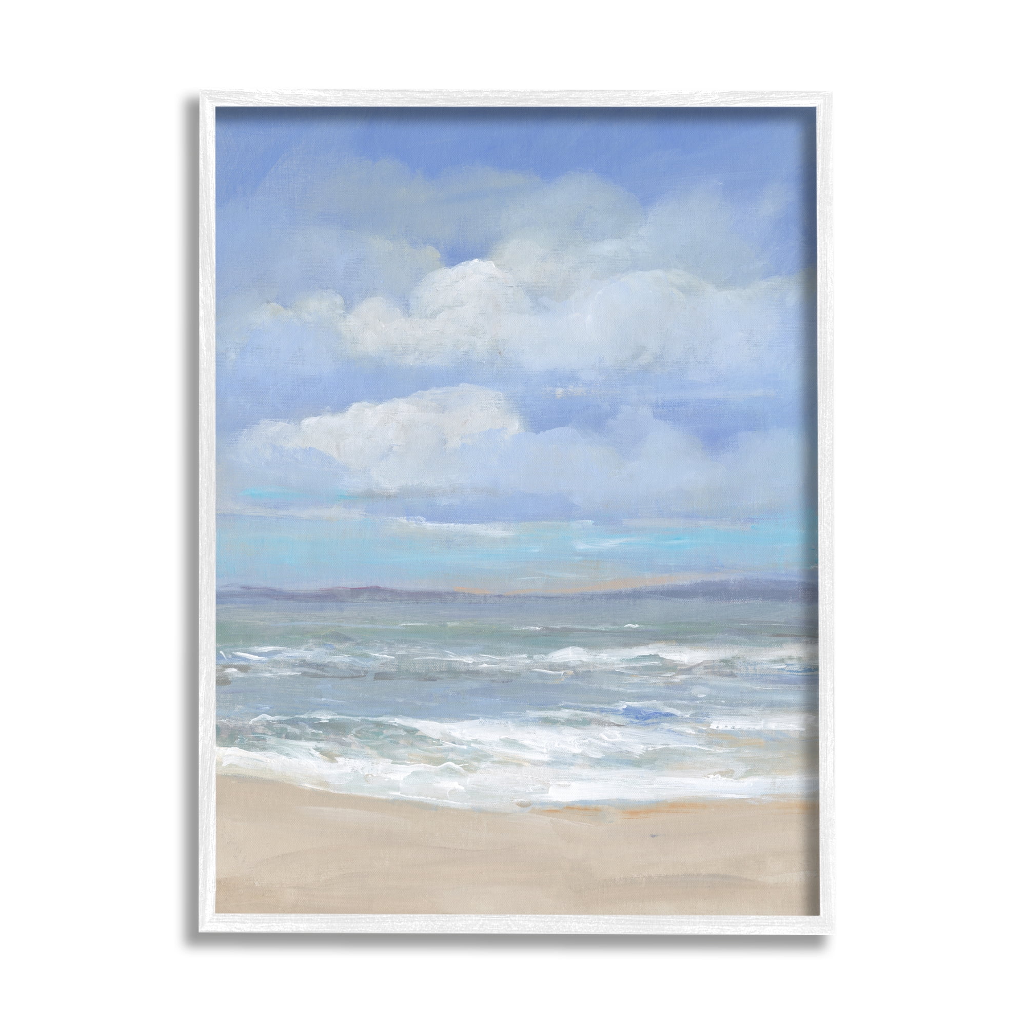 Cloudy Ocean Bay Shoreline Landscape Canvas Print with White Frame