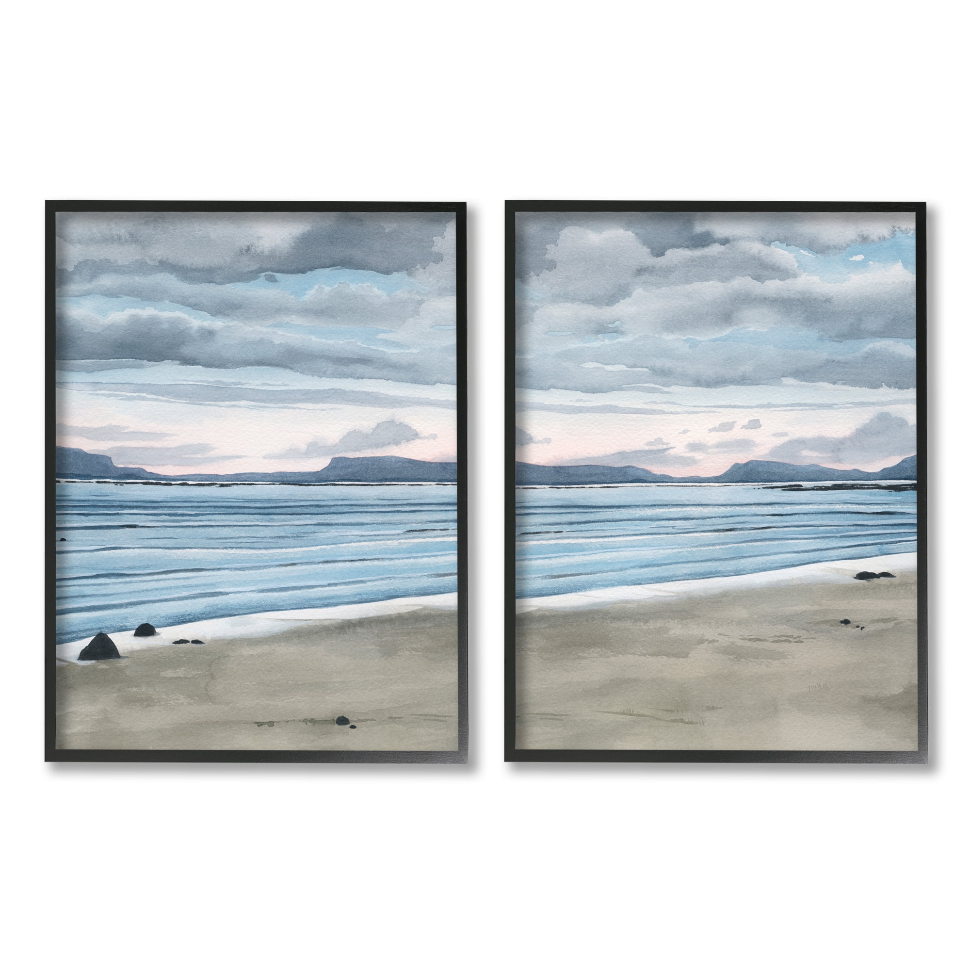 Stupell Cloudy Summer Beach Shore Watercolor Landscape Painting Black Framed Art Print Wall Art, Set of 2