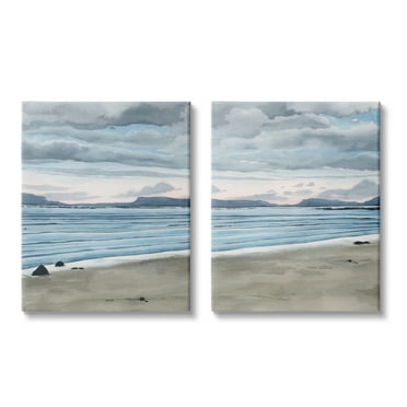 Stupell Cloudy Summer Beach Shore Watercolor Landscape Painting Gallery Wrapped Canvas Print Wall Art, Set of 2