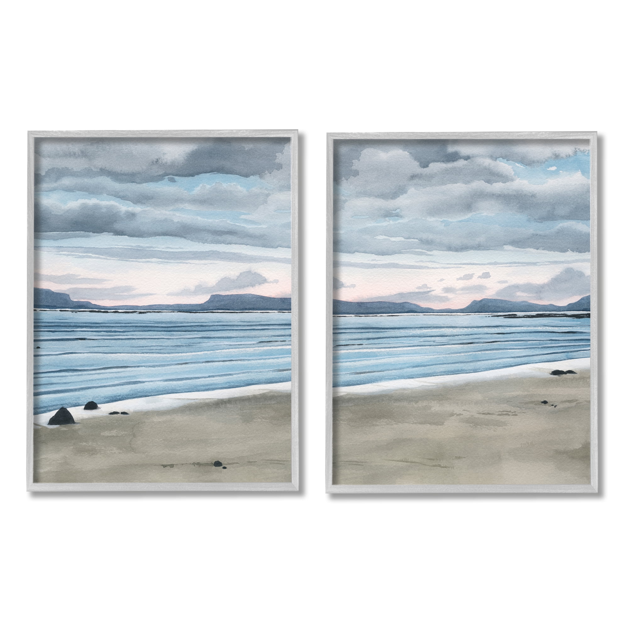 Stupell Cloudy Summer Beach Shore Watercolor Landscape Painting Gray Framed Art Print Wall Art, Set of 2