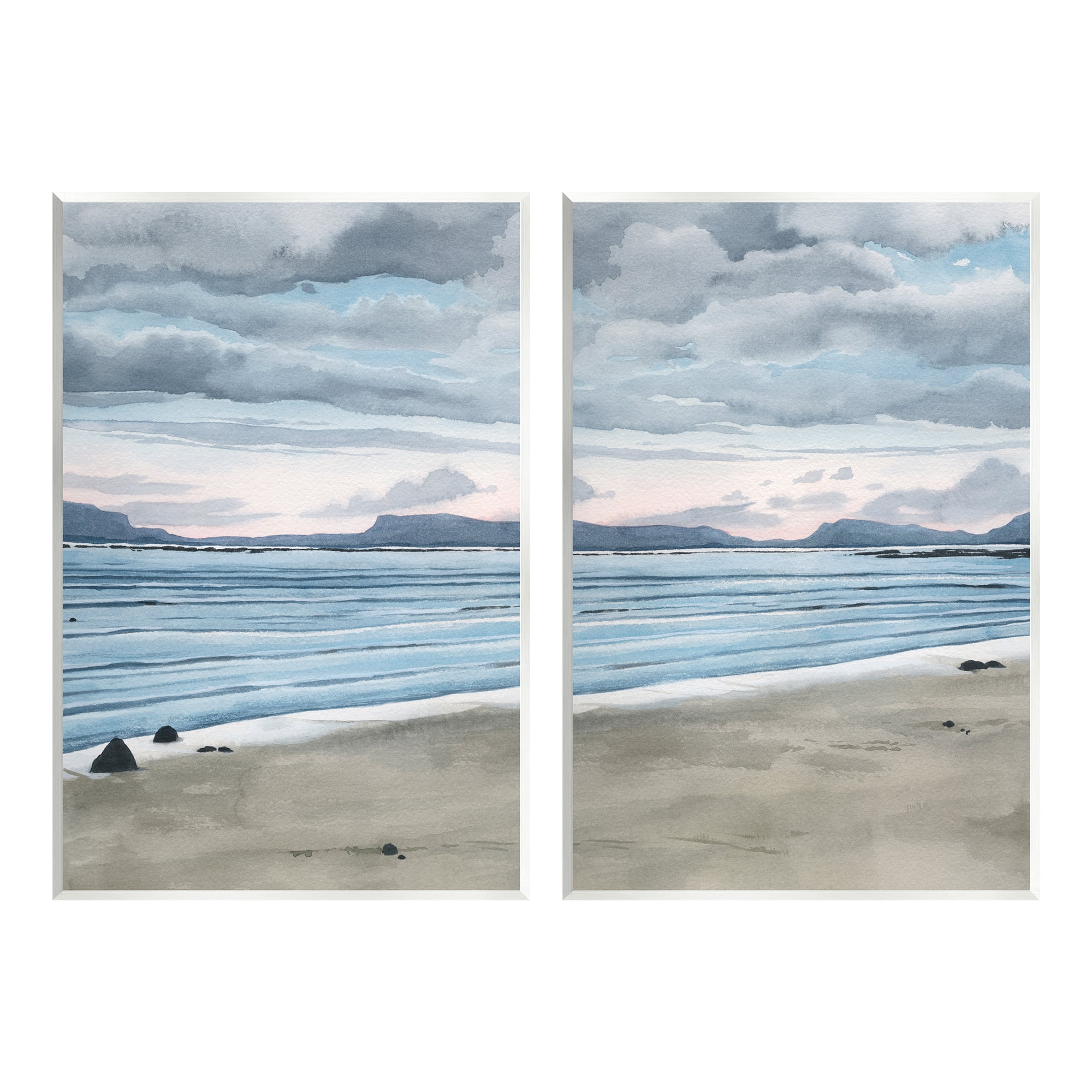 Stupell Cloudy Summer Beach Shore Watercolor Landscape Painting Wall Plaque Unframed Art Print Wall Art, Set of 2