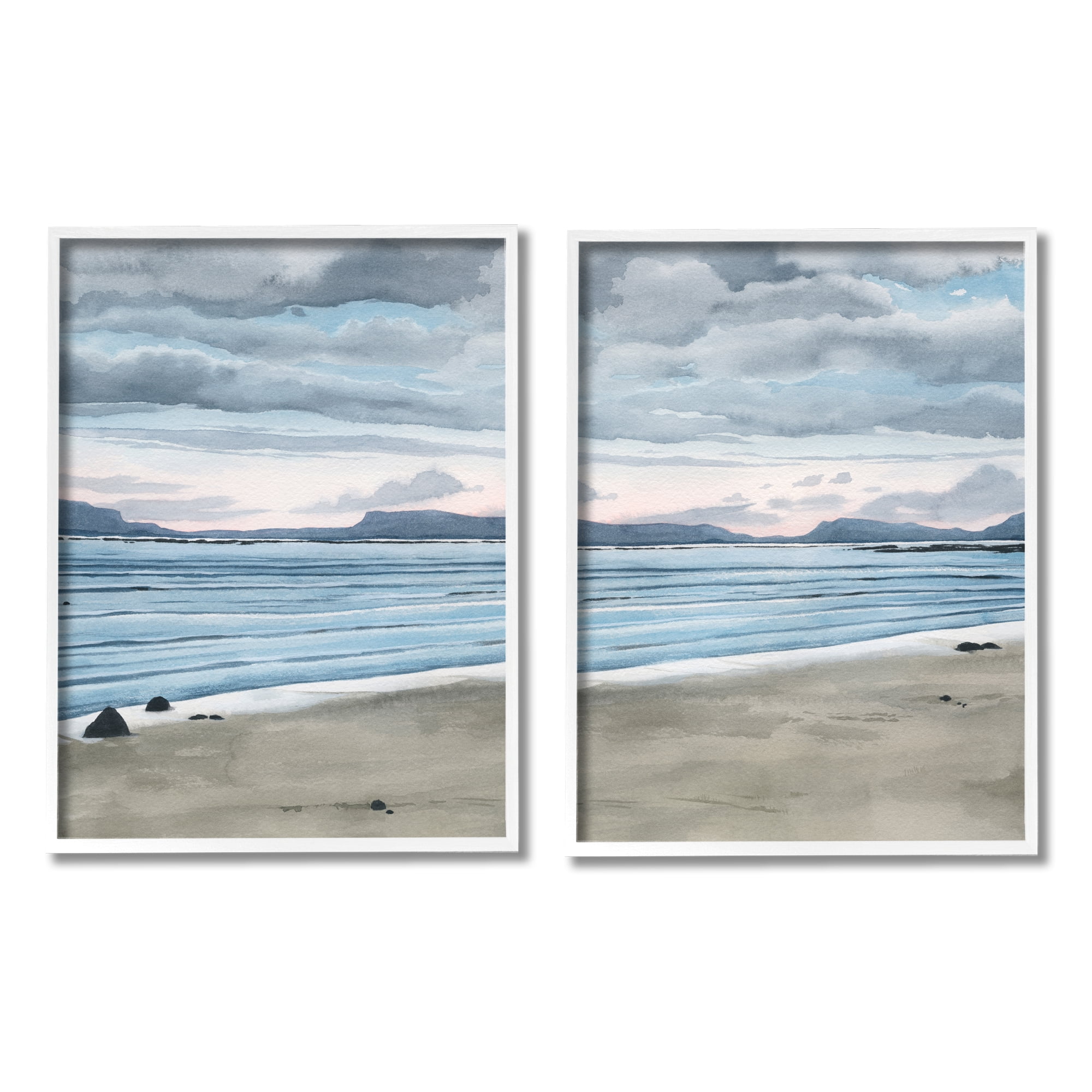 Stupell Cloudy Summer Beach Shore Watercolor Landscape Painting White Framed Art Print Wall Art, Set of 2