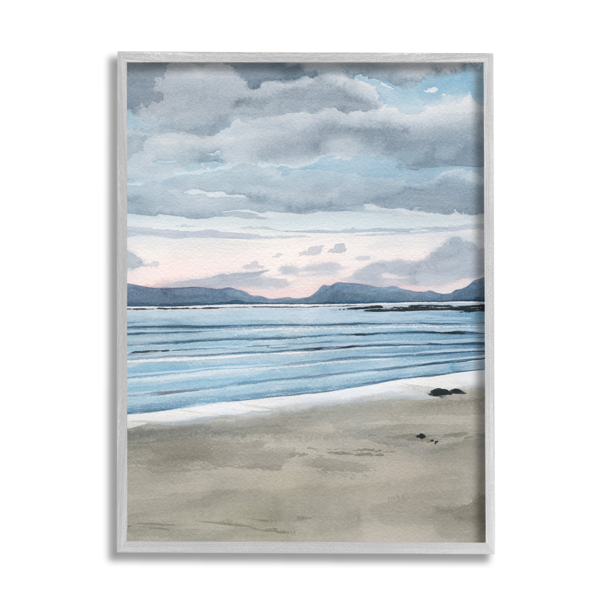 Stupell Cloudy Sunrise Beach Scenery Landscape Painting Gray Framed Art Print Wall Art