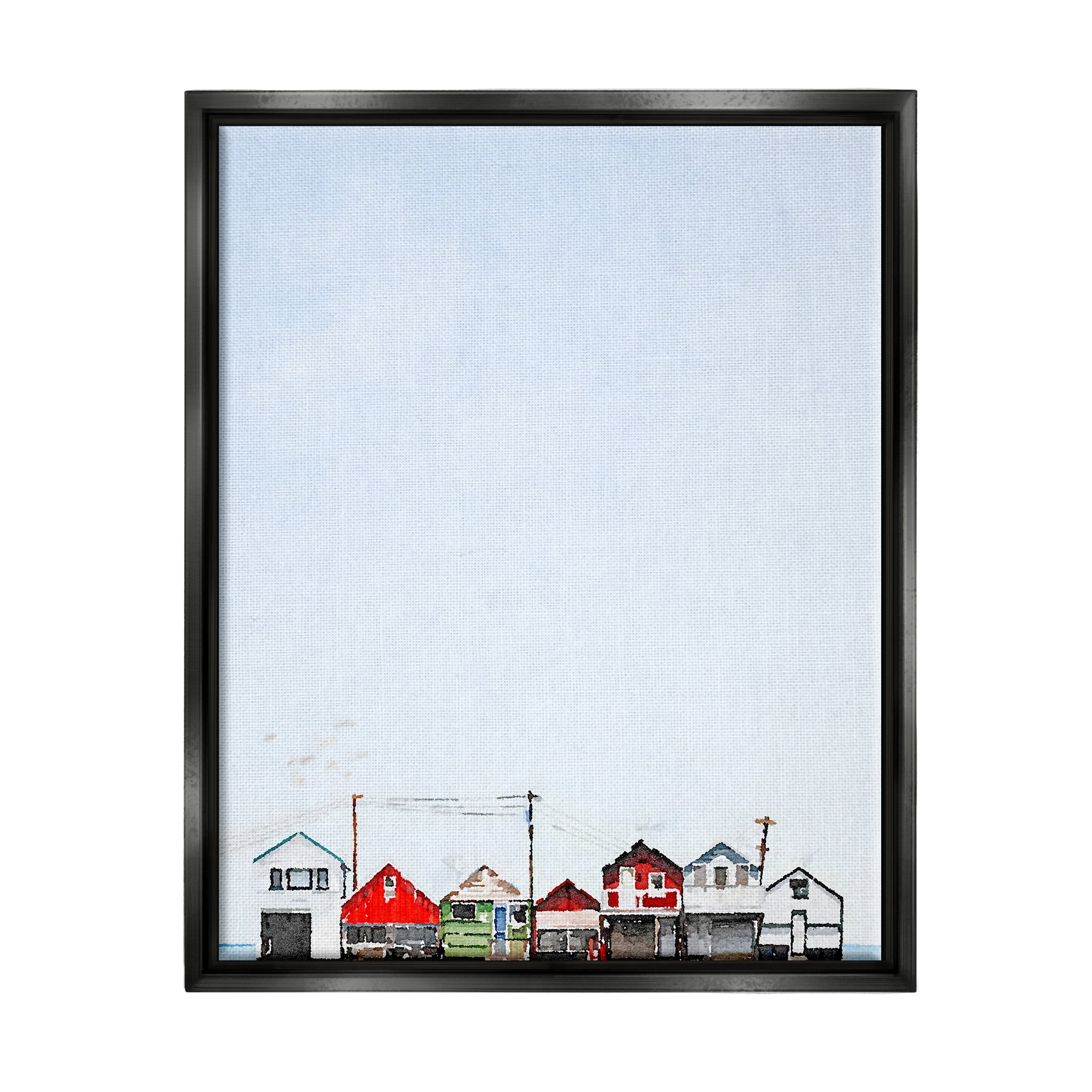 Stupell Coastal Beach Shacks Sky View Landscape Painting Black Floater Framed Art Print Wall Art