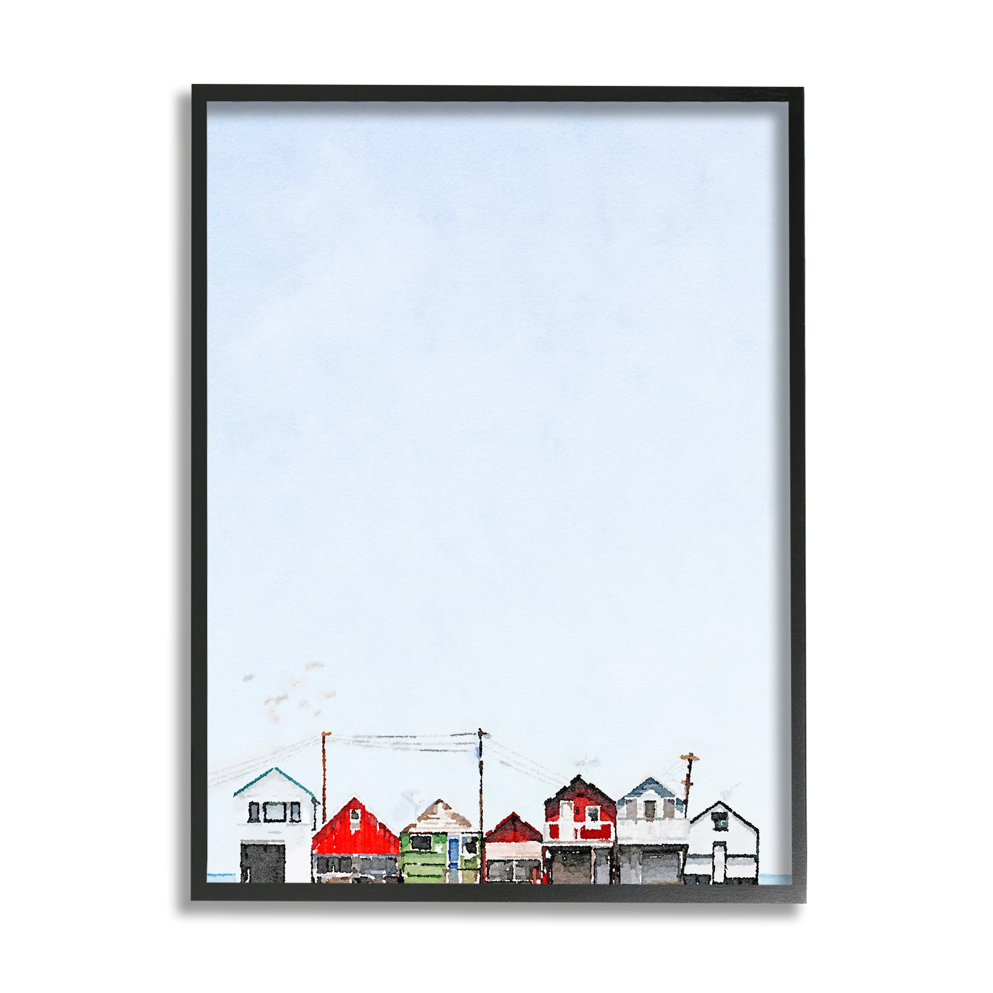 Stupell Coastal Beach Shacks Sky View Landscape Painting Black Framed Art Print Wall Art