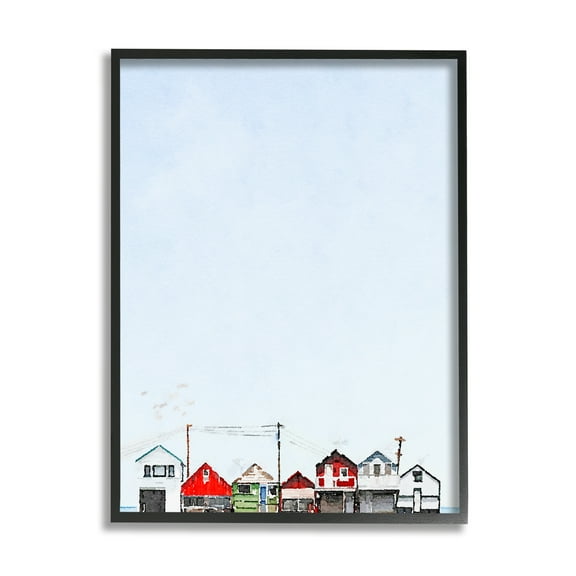 Stupell Coastal Beach Shacks Sky View Landscape Painting Black Framed Art Print Wall Art
