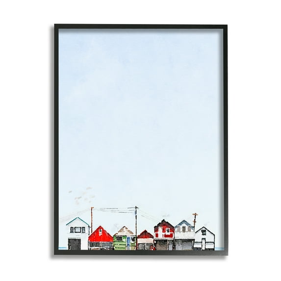 Stupell Coastal Beach Shacks Sky View Landscape Painting Black Framed Art Print Wall Art