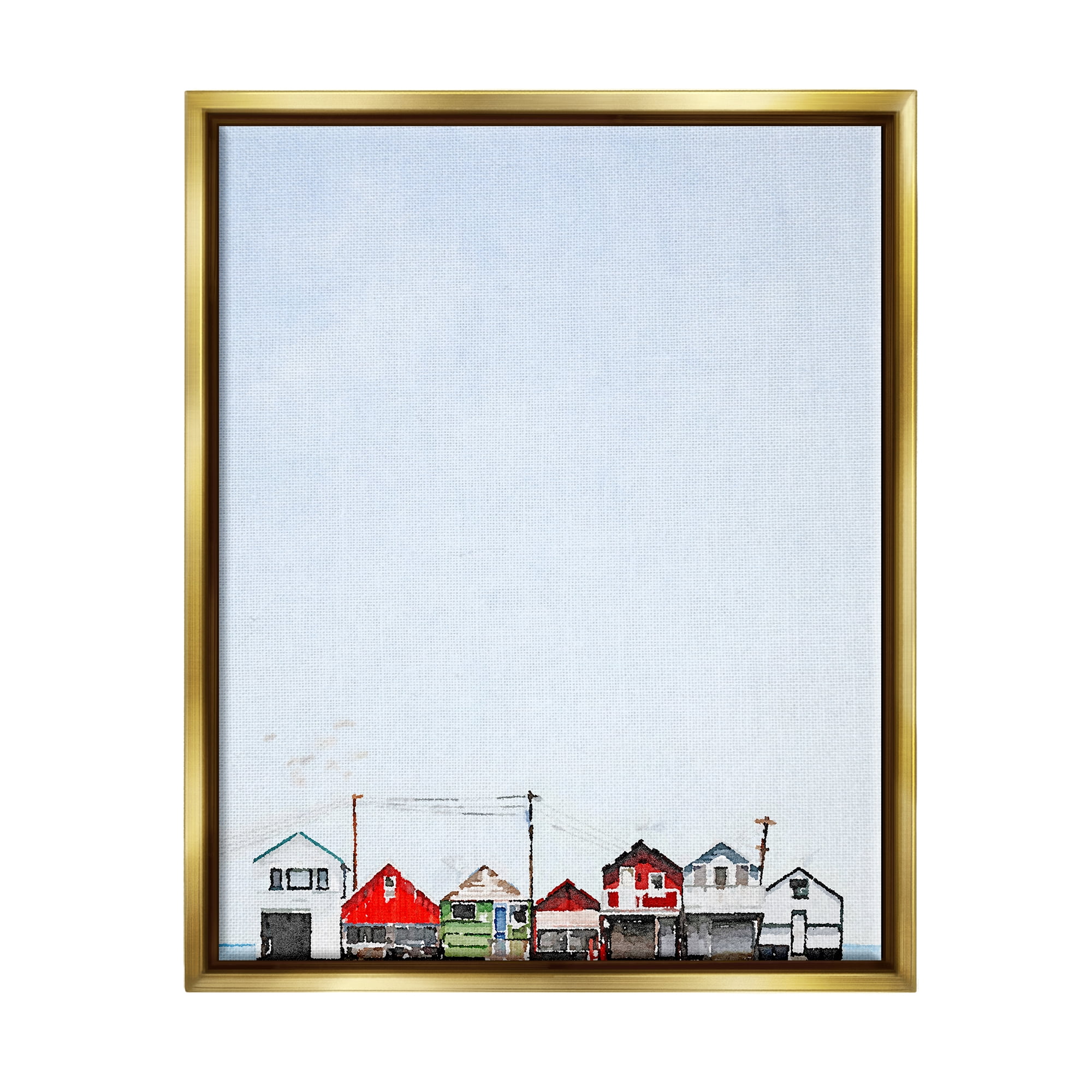 Stupell Coastal Beach Shacks Sky View Landscape Painting Gold Floater Framed Art Print Wall Art