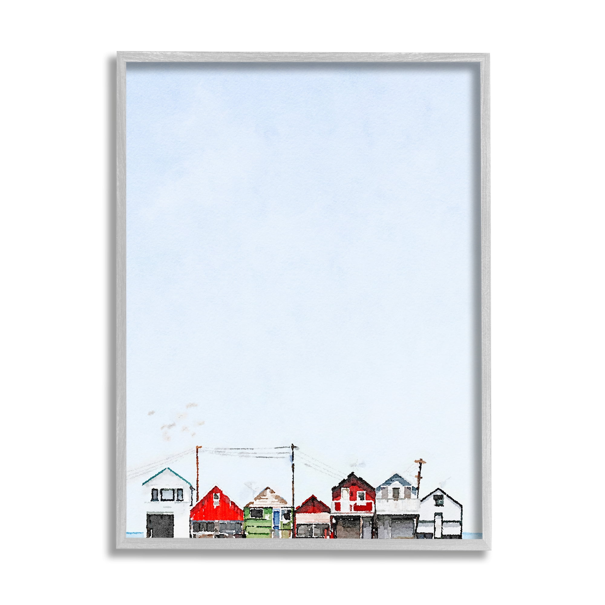 Stupell Coastal Beach Shacks Sky View Landscape Painting Gray Framed Art Print Wall Art