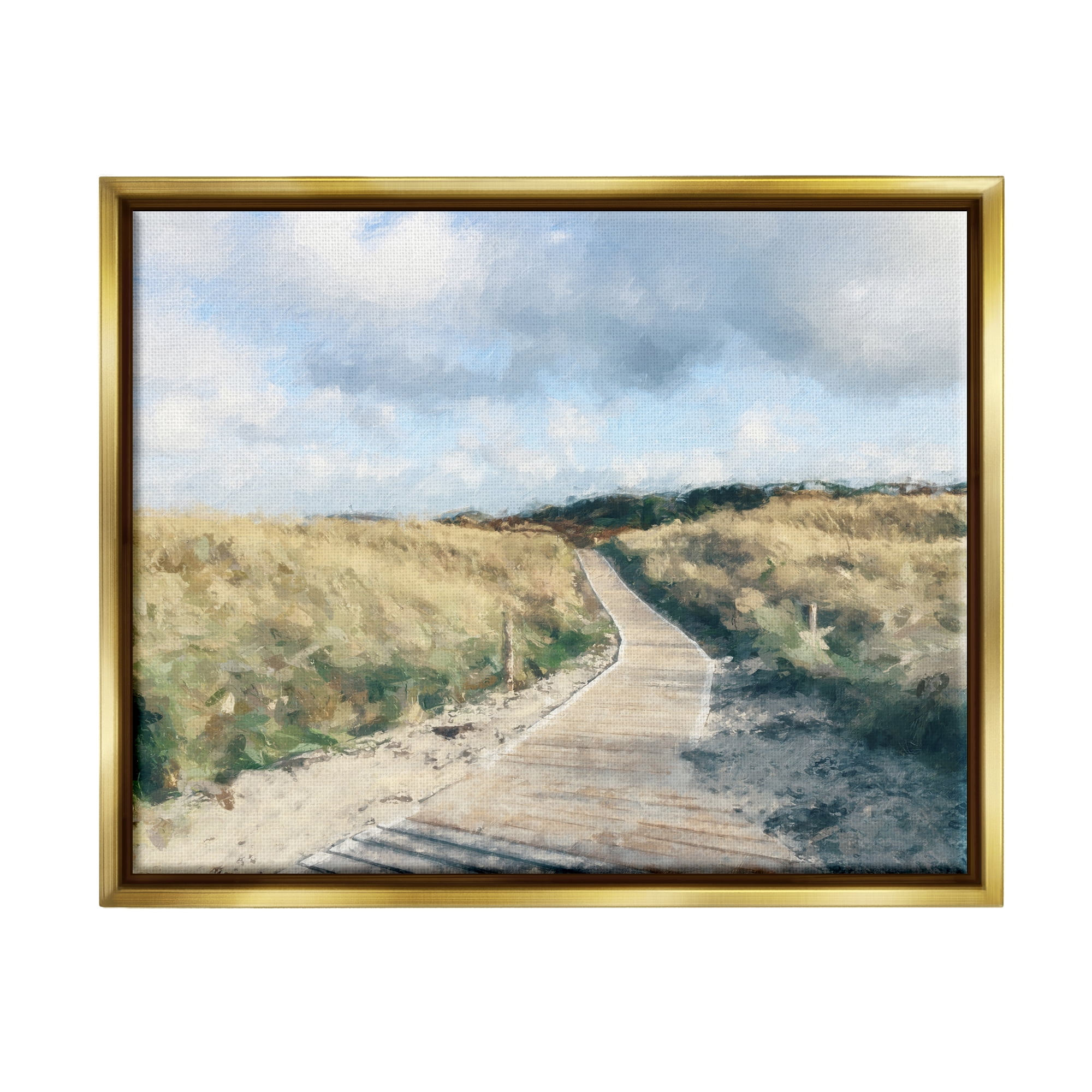 Stupell Coastal Boardwalk Path Landscape Landscape Painting Gold Floater Framed Art Print Wall Art