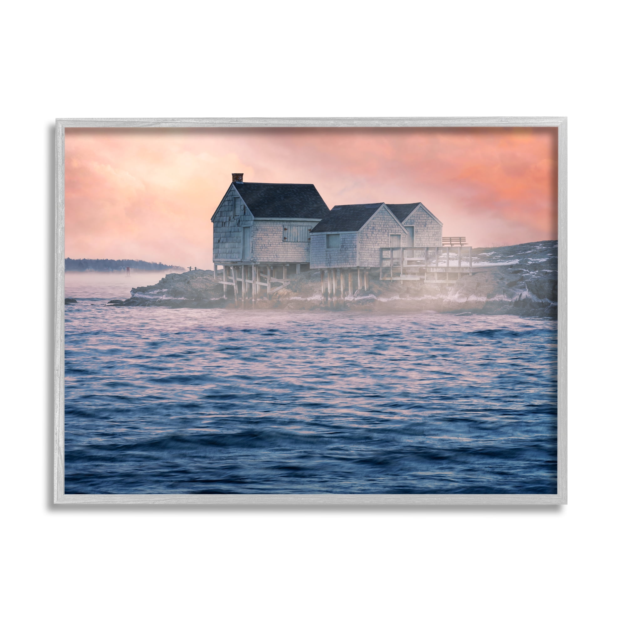 Stupell Coastal Cottage Seaside Ocean Waves Landscape Photography Gray Framed Art Print Wall Art