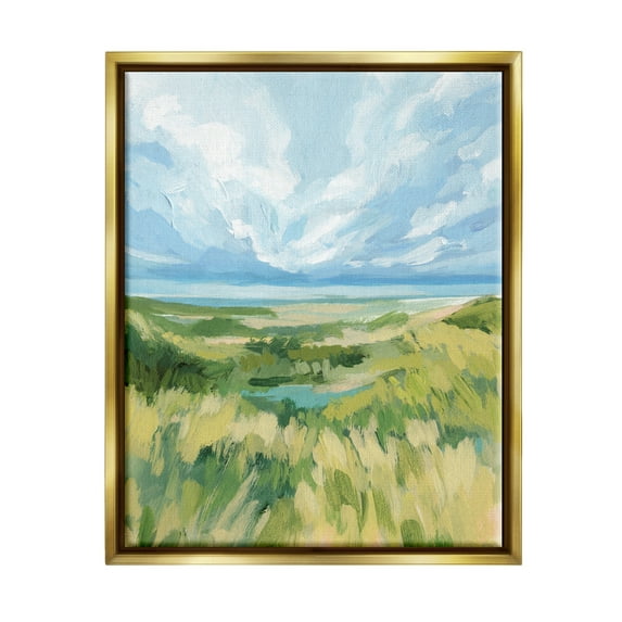Stupell Coastal Grassy Dunes Landscape Landscape Painting Gold Floater Framed Art Print Wall Art