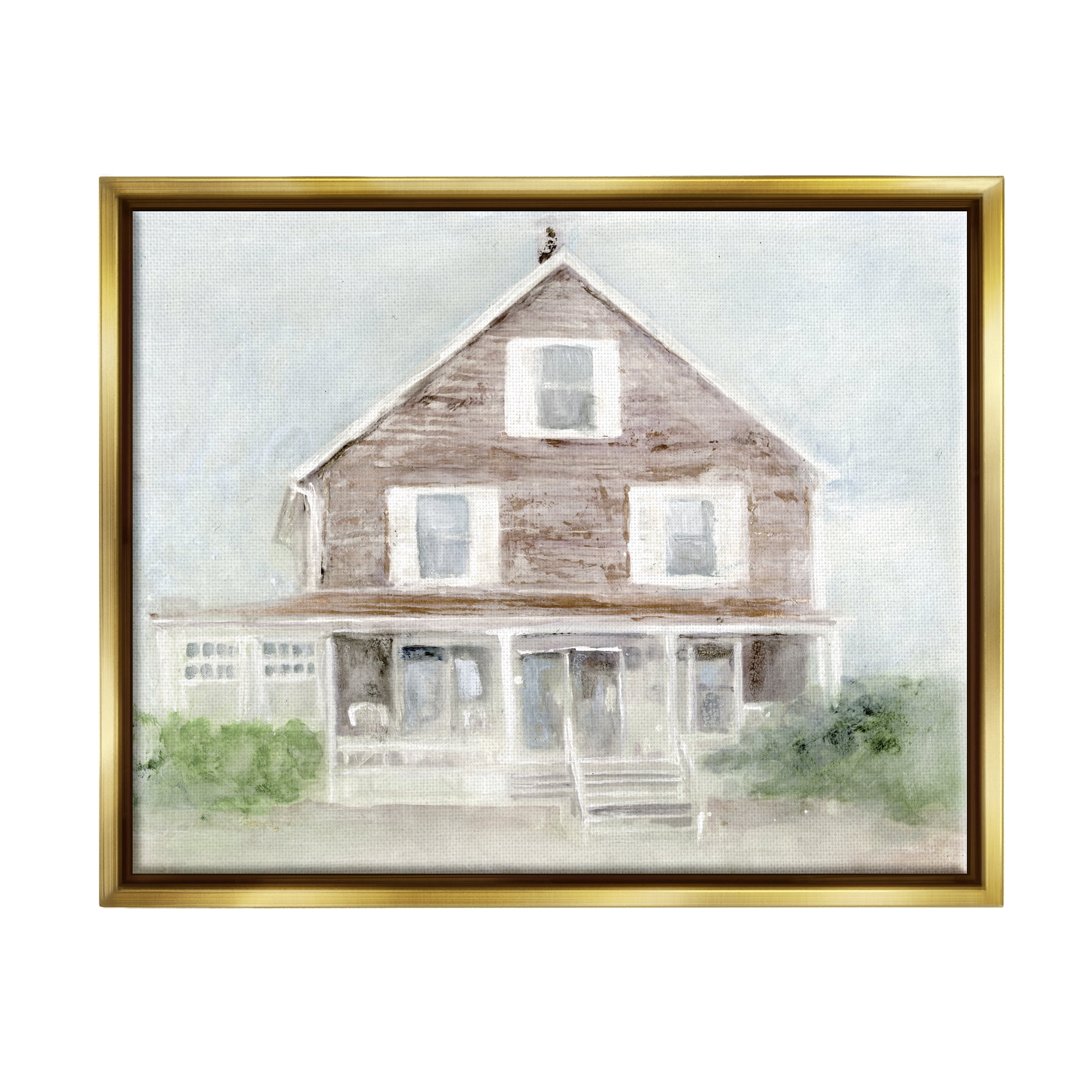 Stupell Coastal House Calm Porch Landscape Painting Gold Floater Framed Art Print Wall Art