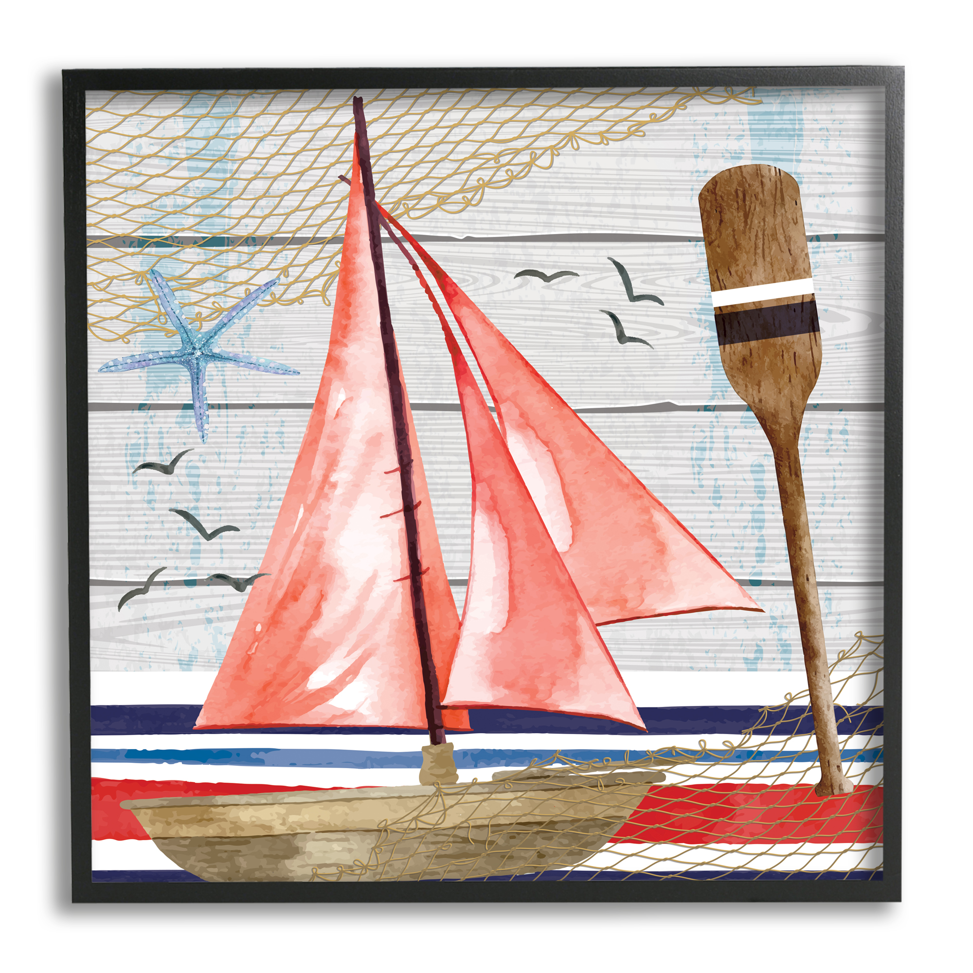 Stupell Coastal Plank Pattern Sailboat Landscape Painting Black Framed Art Print Wall Art