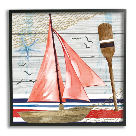 Stupell Coastal Plank Pattern Sailboat Landscape Painting Black Framed Art Print Wall Art