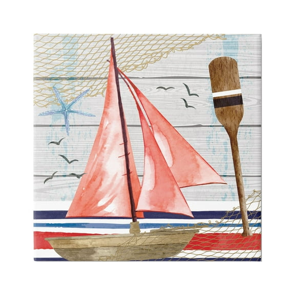 Stupell Coastal Plank Pattern Sailboat Landscape Painting Gallery Wrapped Canvas Print Wall Art