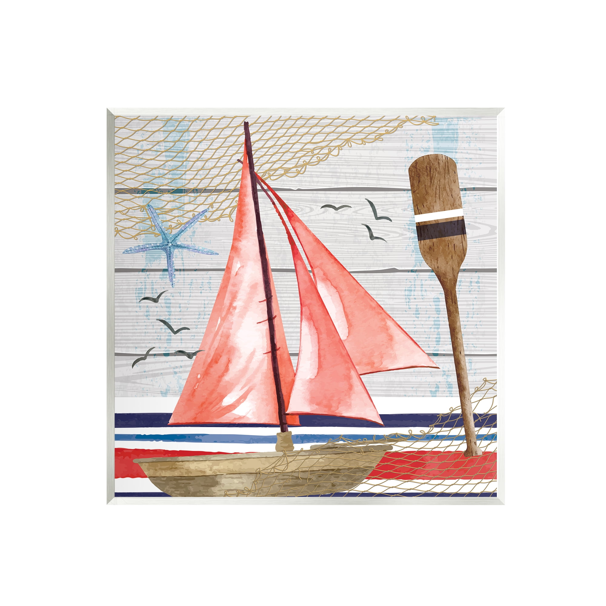 Stupell Coastal Plank Pattern Sailboat Landscape Painting Wall Plaque Unframed Art Print Wall Art
