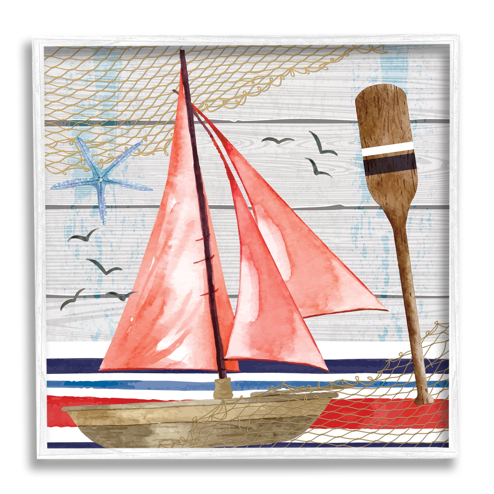Stupell Coastal Plank Pattern Sailboat Landscape Painting White Framed Art Print Wall Art
