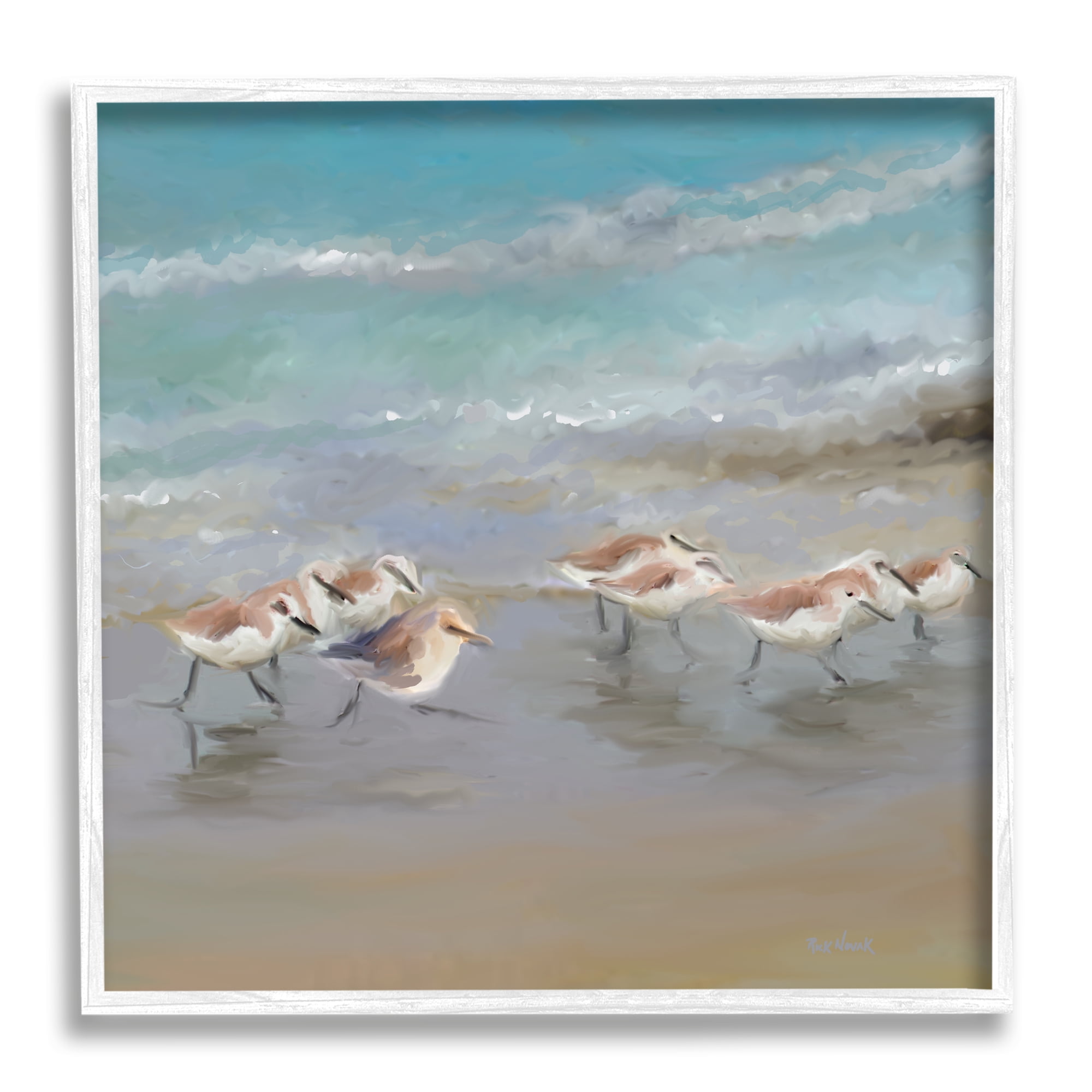 White Framed Coastal Sandpipers Beach Canvas Print, 12 x 12