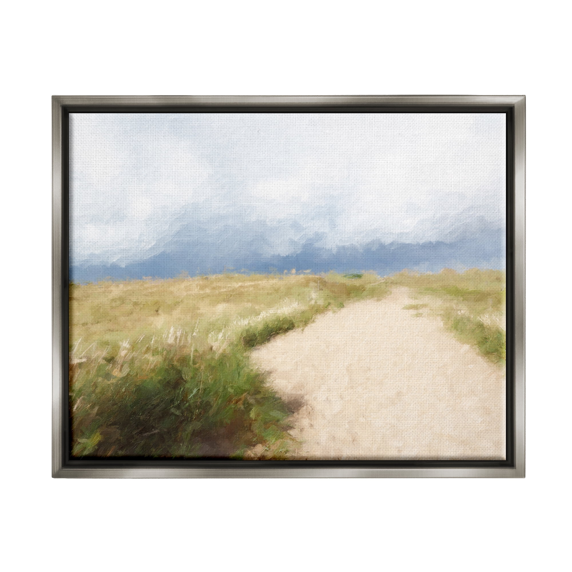 Stupell Coastal Sandy Path Cloudy Sky Landscape Painting Gray Floater Framed Art Print Wall Art