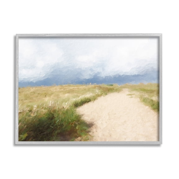 Stupell Coastal Sandy Path Cloudy Sky Landscape Painting Gray Framed Art Print Wall Art