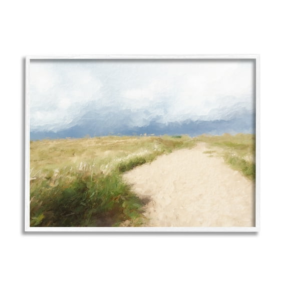 Stupell Coastal Sandy Path Cloudy Sky Landscape Painting White Framed Art Print Wall Art