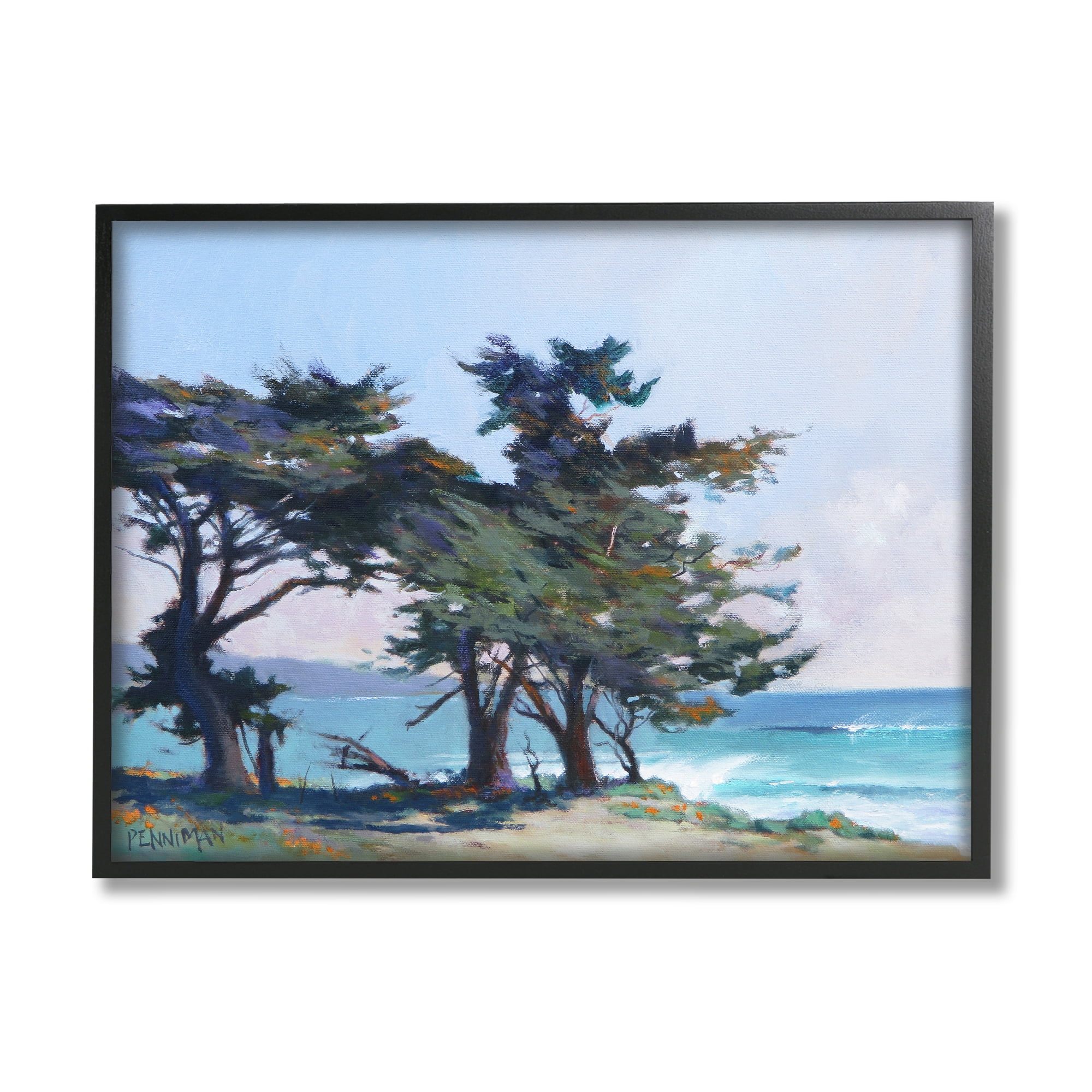 Stupell Coastal Sandy Trees Ocean Waves Landscape Painting Black Framed Art Print Wall Art