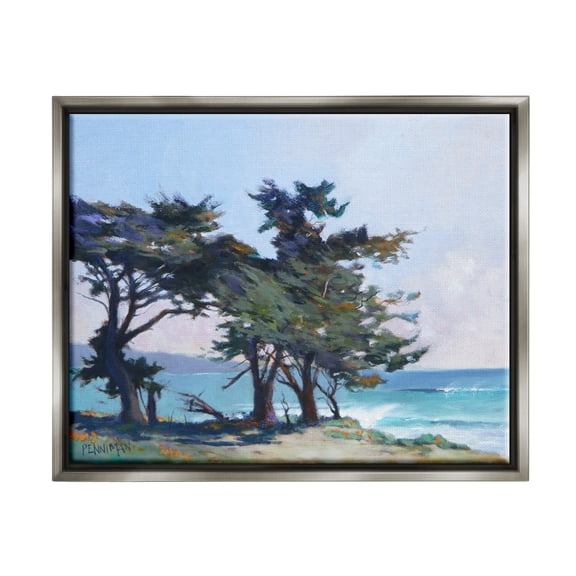 Stupell Coastal Sandy Trees Ocean Waves Landscape Painting Gray Floater Framed Art Print Wall Art