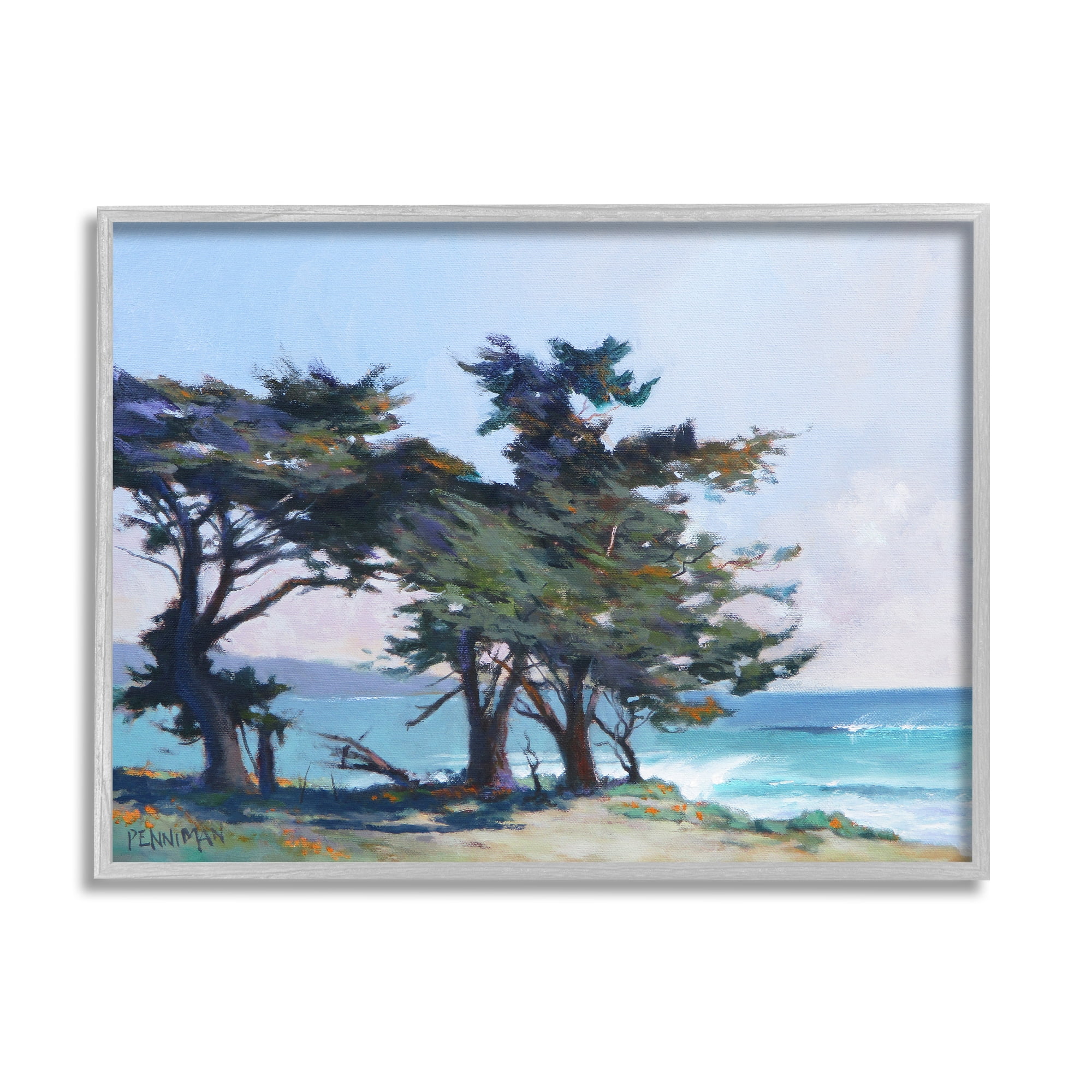 Stupell Coastal Sandy Trees Ocean Waves Landscape Painting Gray Framed Art Print Wall Art