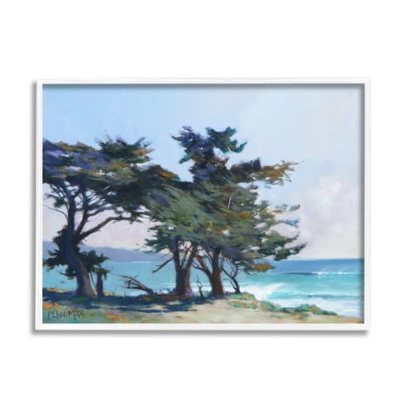 Stupell Coastal Sandy Trees Ocean Waves Landscape Painting White Framed Art Print Wall Art