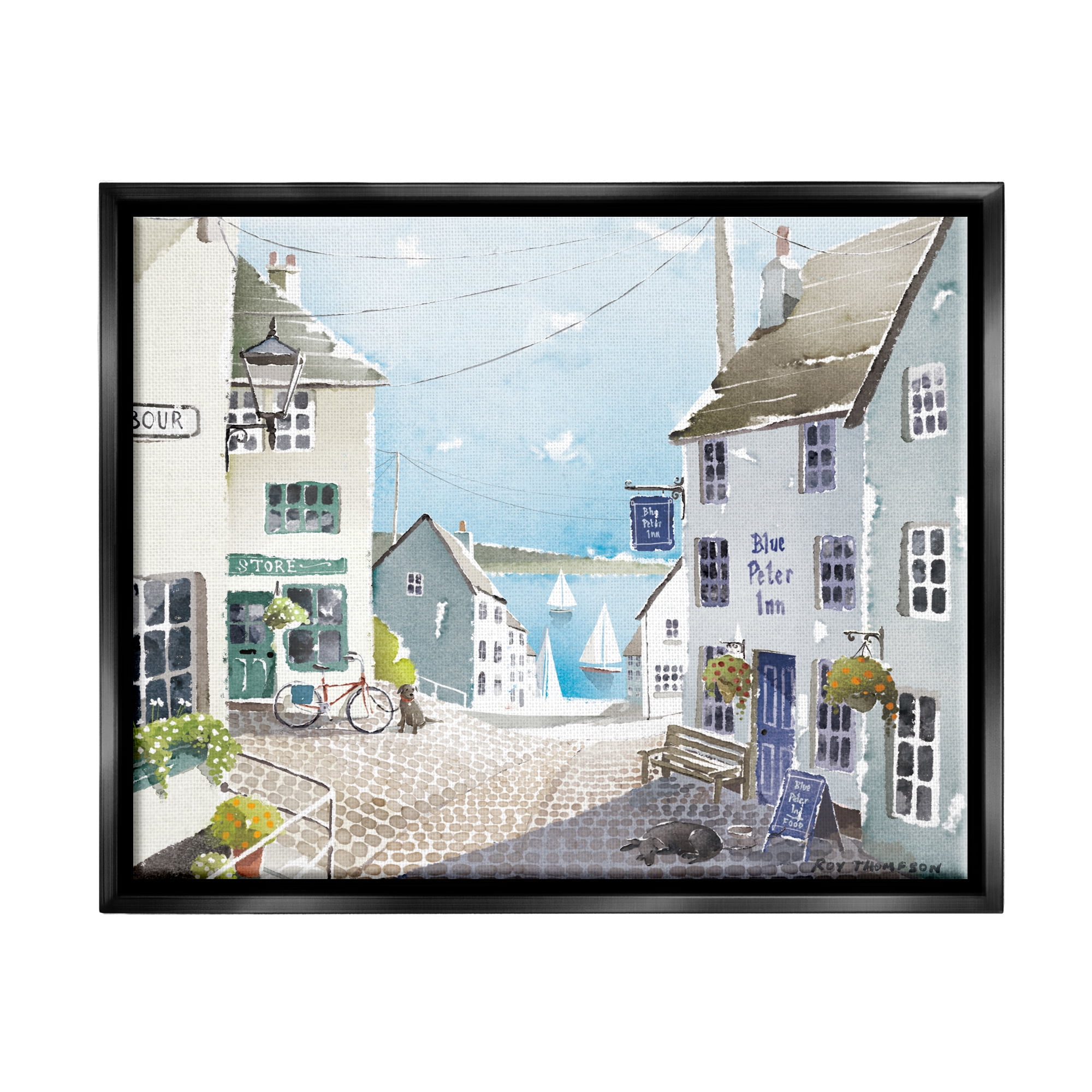Coastal Town Seaport Sailboats Landscape Canvas Print in Black Frame