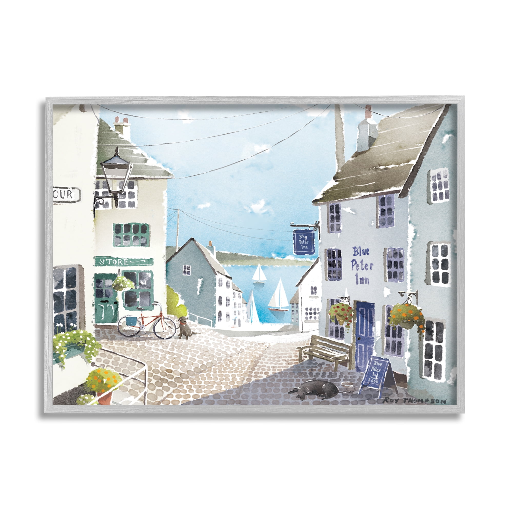 Gray Framed Coastal Town Seaport Sailboats Canvas Print, 20" x 16"