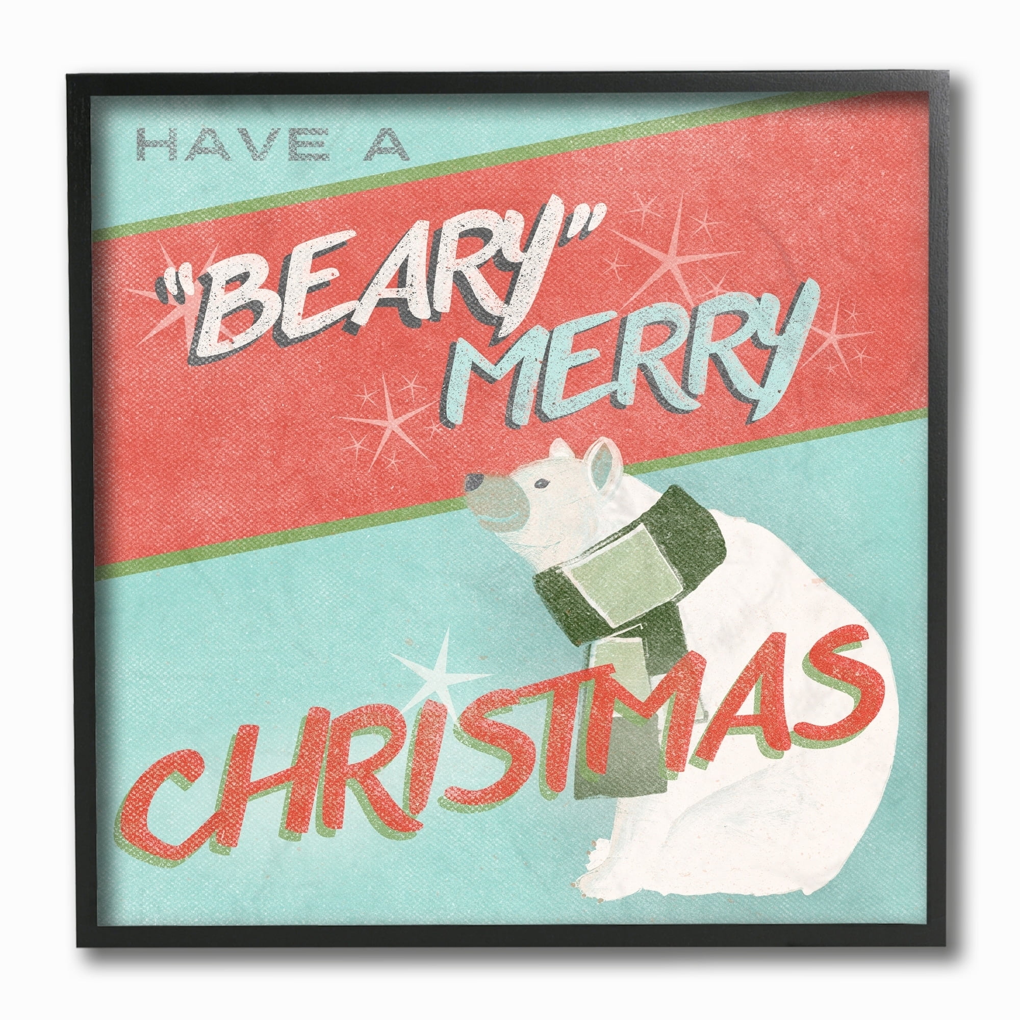 Stupell Collection Holiday Retro Inspired Christmas Have A Beary Merry Christmas with Polar Bear Framed Giclee Texturized Art, 12 x 1.5 x 12