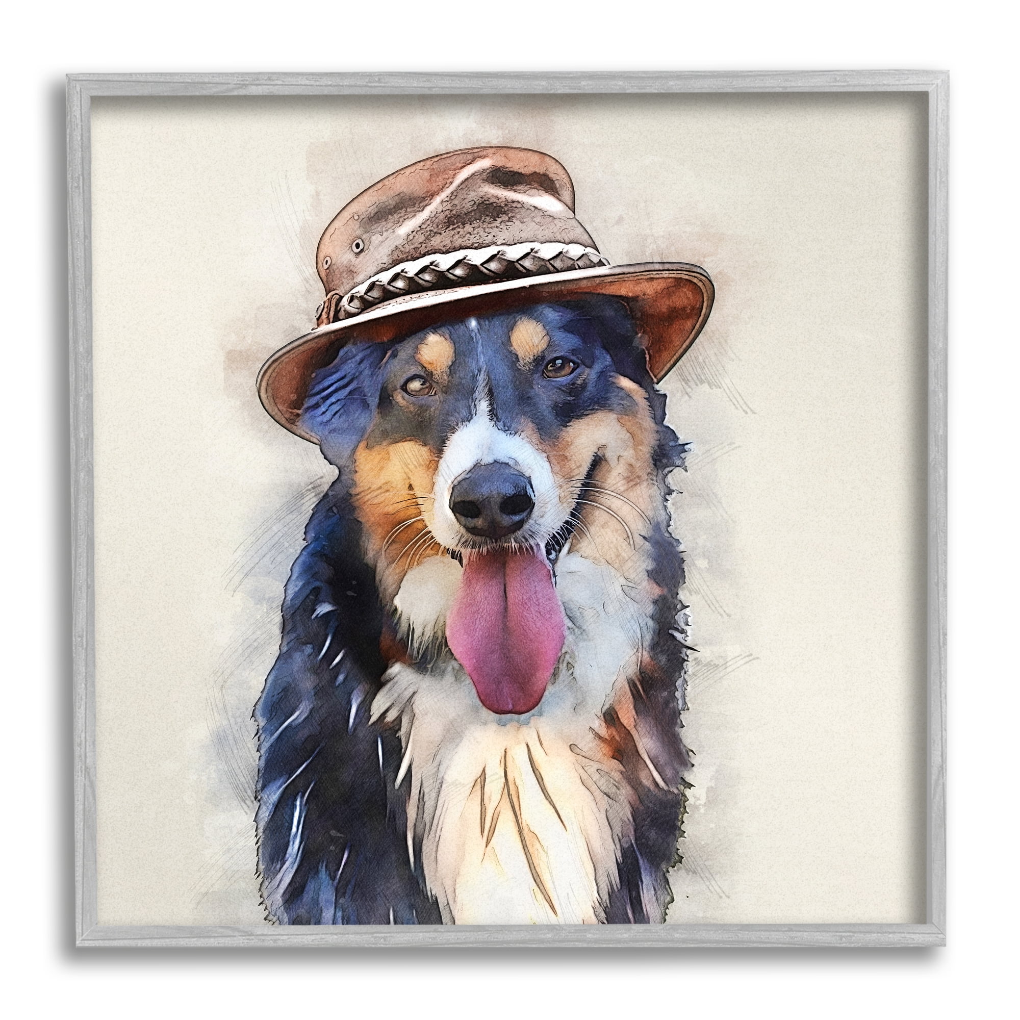 Stupell Collie Dog Brown Hat Pet Animals & Insects Painting Gray Framed Art Print Wall Art