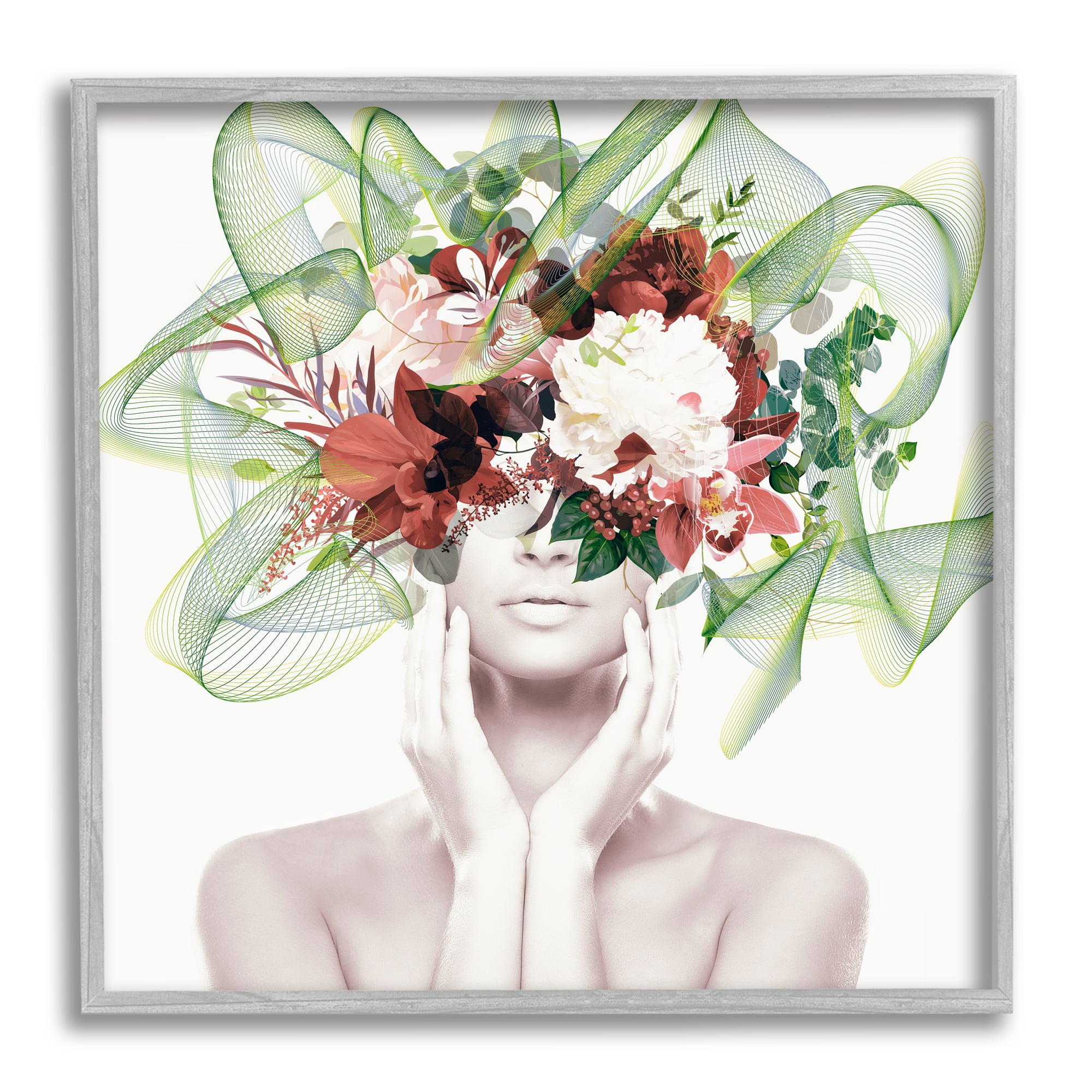 Conceptual Floral Art on Gray Framed Canvas, 12" x 12"