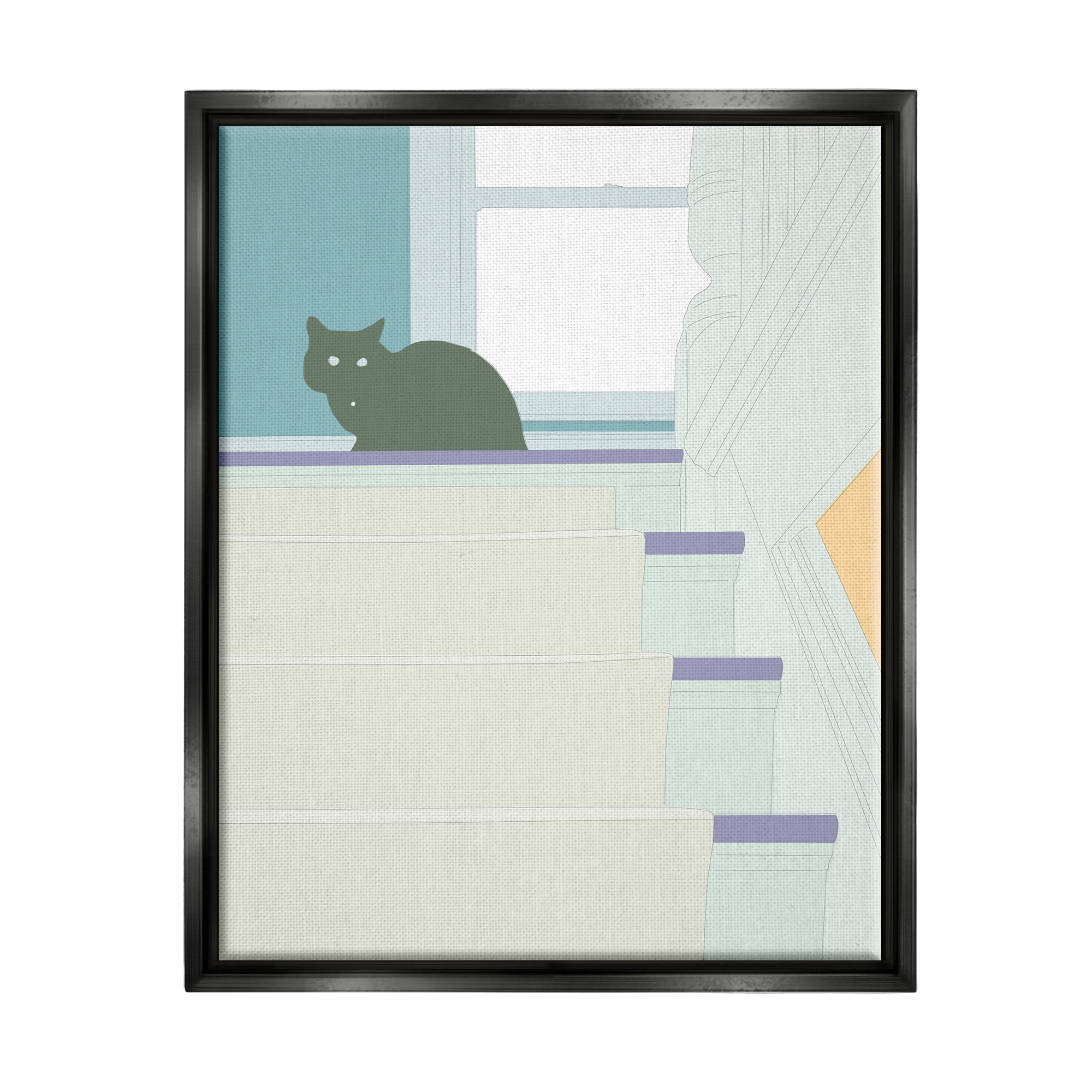 Stupell Contemporary Black Cat Stairway Scene Animals & Insects Painting Black Floater Framed Art Print Wall Art