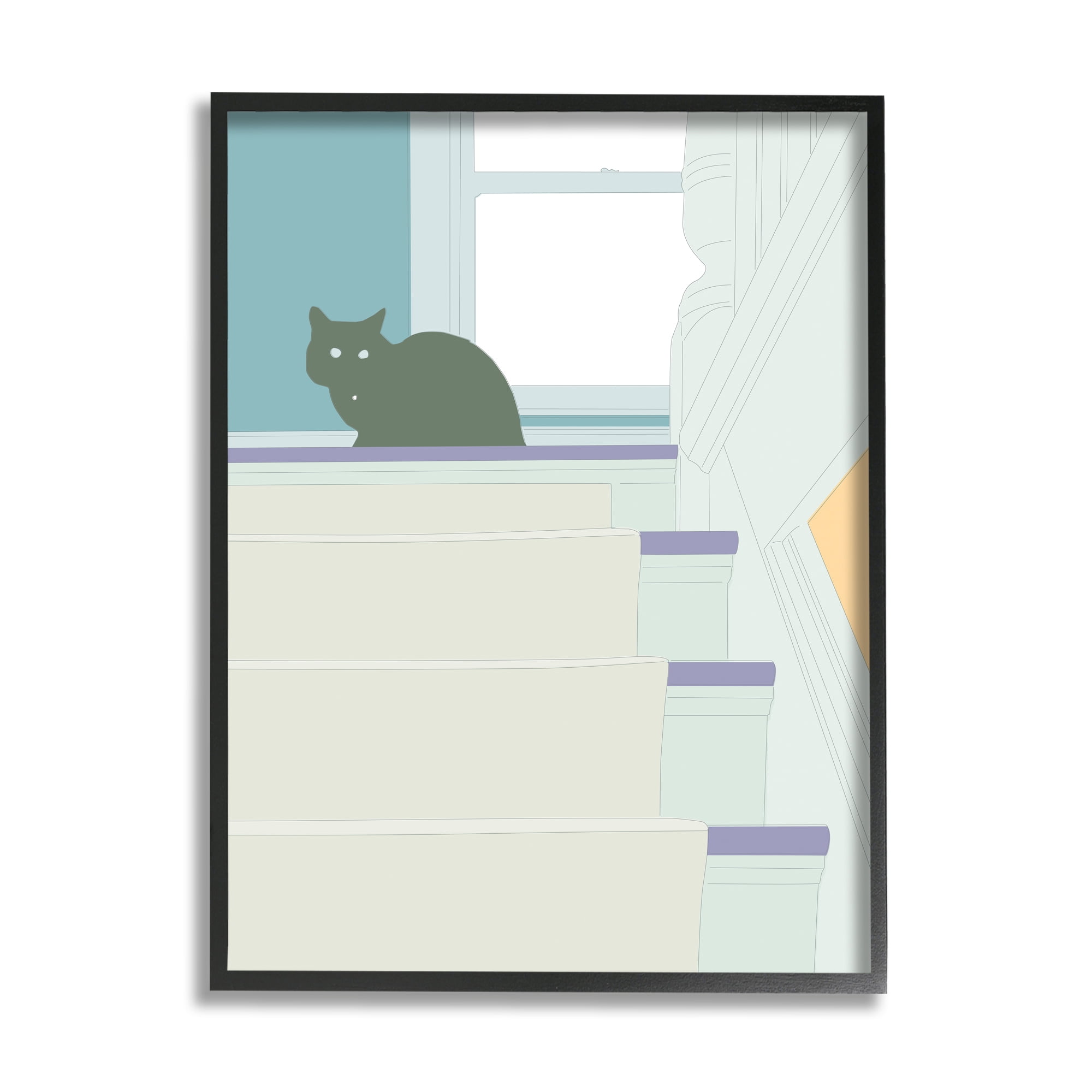 Stupell Contemporary Black Cat Stairway Scene Animals & Insects Painting Black Framed Art Print Wall Art