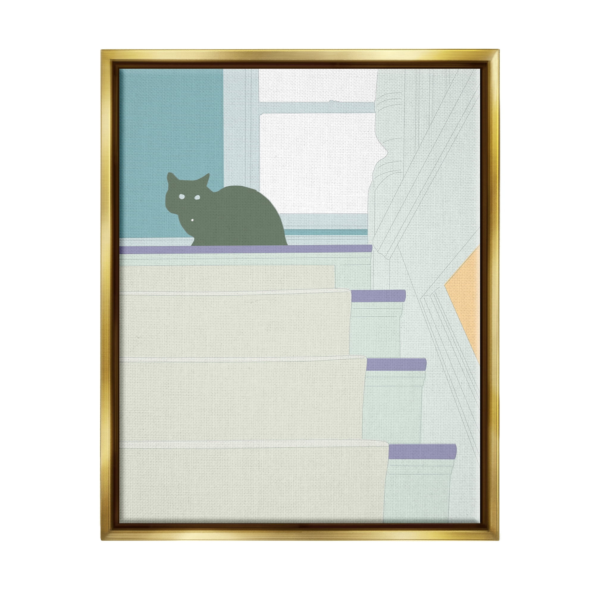 Stupell Contemporary Black Cat Stairway Scene Animals & Insects Painting Gold Floater Framed Art Print Wall Art