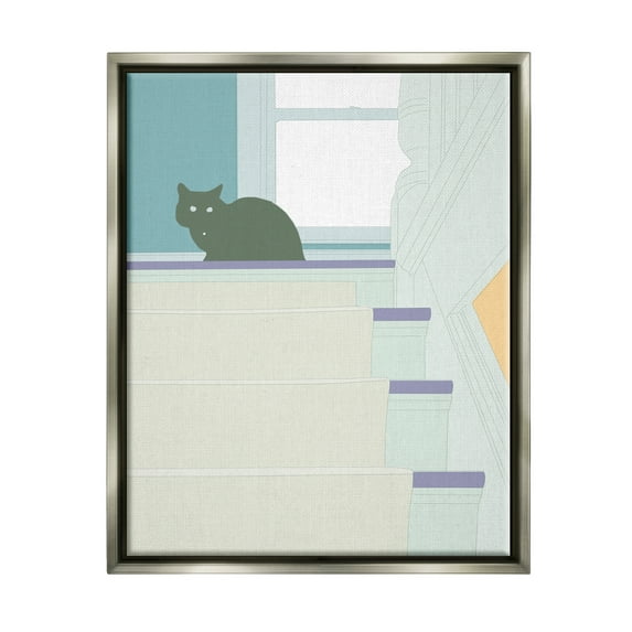 Stupell Contemporary Black Cat Stairway Scene Animals & Insects Painting Gray Floater Framed Art Print Wall Art