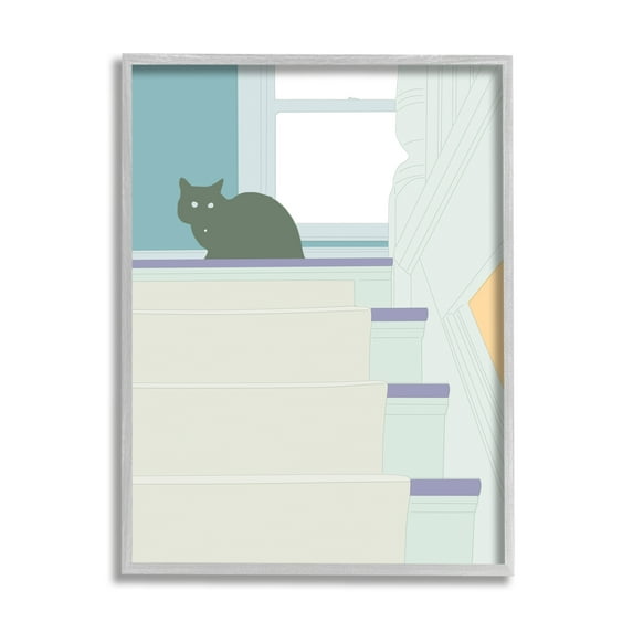Stupell Contemporary Black Cat Stairway Scene Animals & Insects Painting Gray Framed Art Print Wall Art